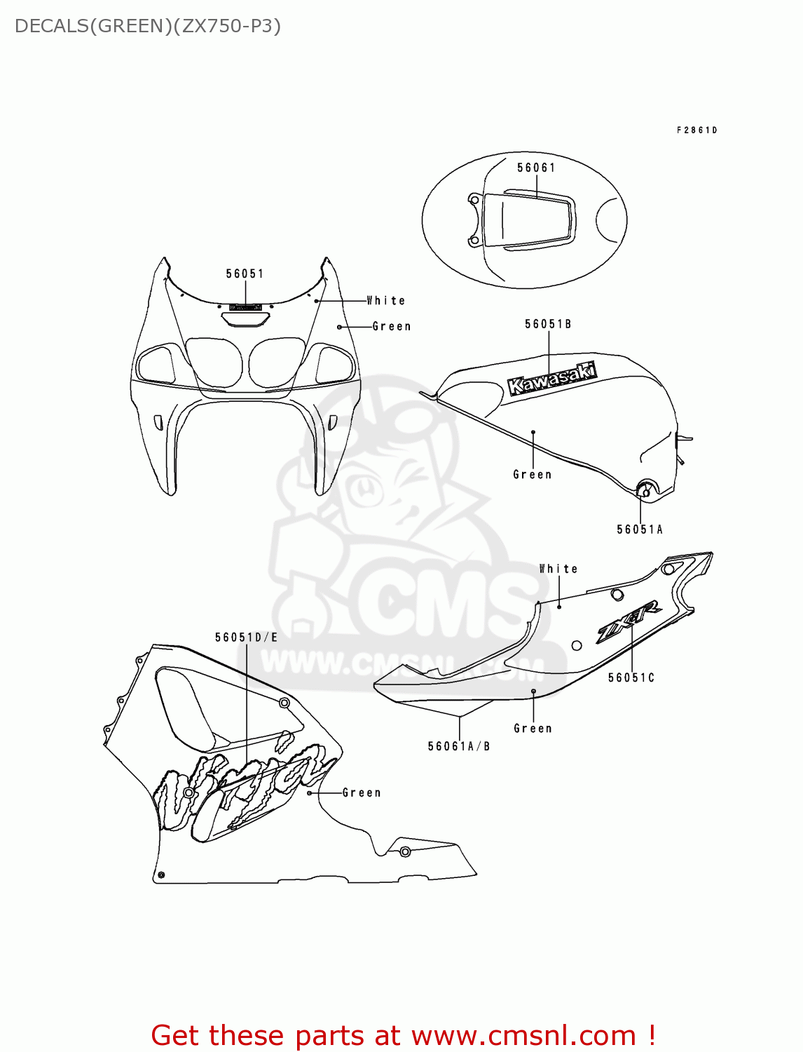 DECALS(GREEN)(ZX750-P3) ZX750P3 NINJA ZX7R 1998 EUROPE UK FR NL AR FG GR IT NR SD SP ST