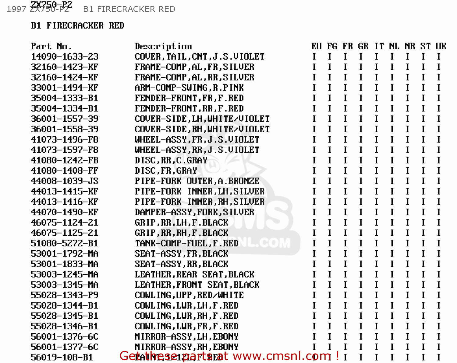 1997 ZX750-P2     B1 FIRECRACKER RED ZX750P3 NINJA ZX7R 1998 EUROPE UK FR NL AR FG GR IT NR SD SP ST