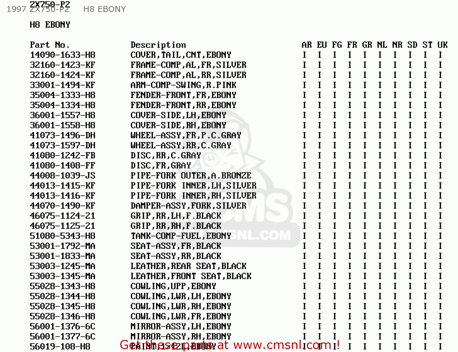 1997 ZX750-P2     H8 EBONY ZX750P3 NINJA ZX7R 1998 EUROPE UK FR NL AR FG GR IT NR SD SP ST