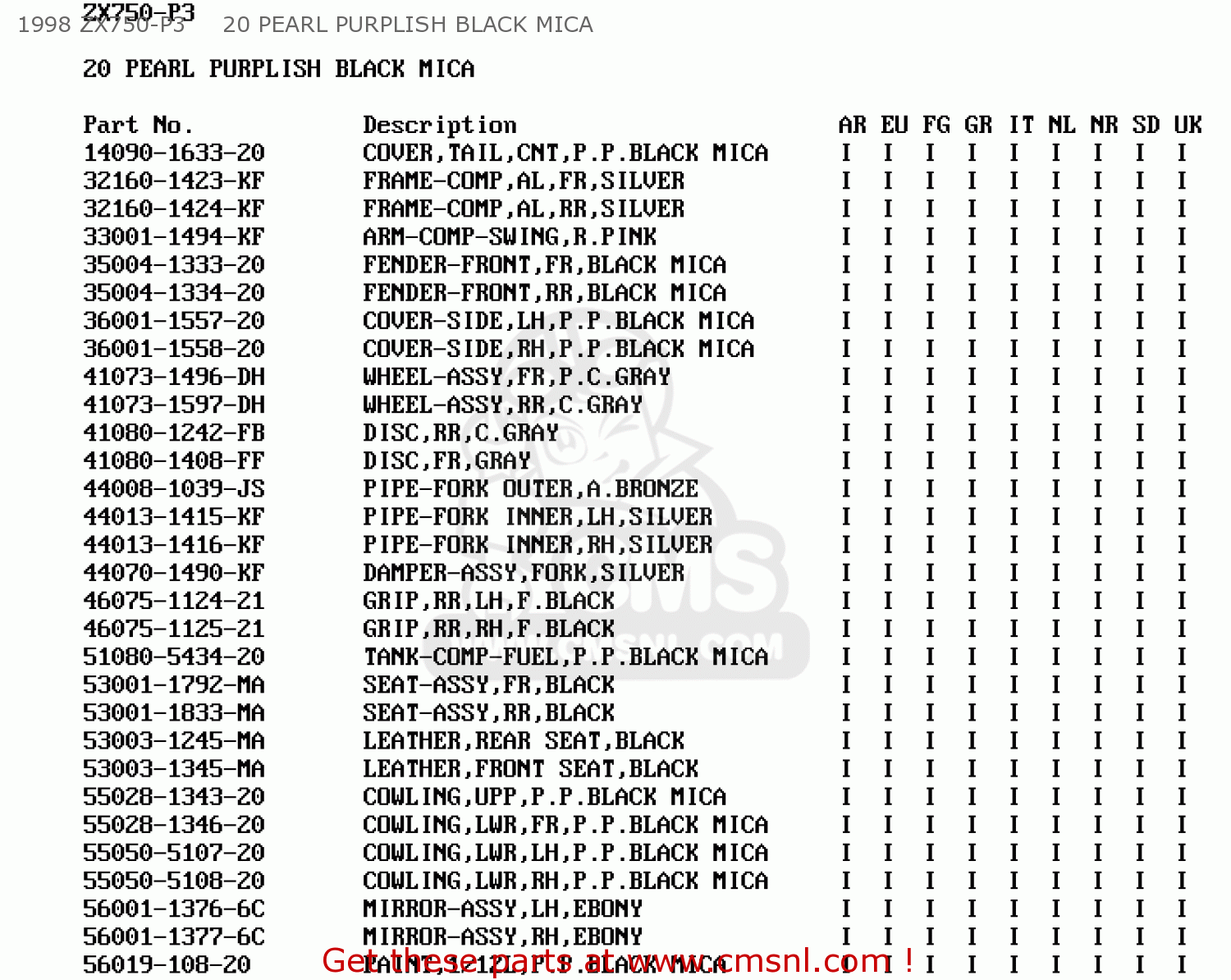1998 ZX750-P3     20 PEARL PURPLISH BLACK MICA ZX750P3 NINJA ZX7R 1998 EUROPE UK FR NL AR FG GR IT NR SD SP ST