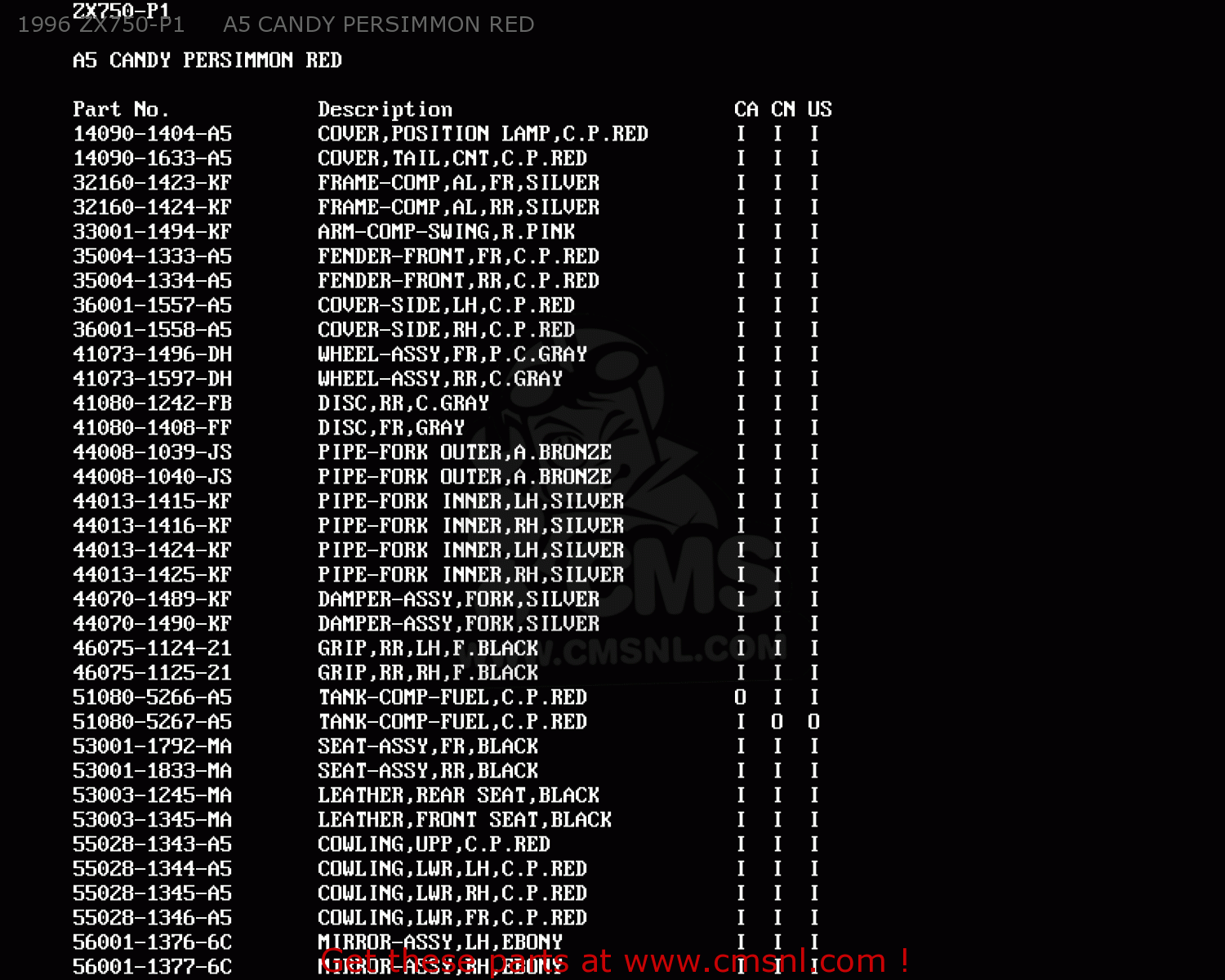 1996 ZX750-P1     A5 CANDY PERSIMMON RED ZX750P3 NINJA ZX7R 1998 USA CALIFORNIA CANADA