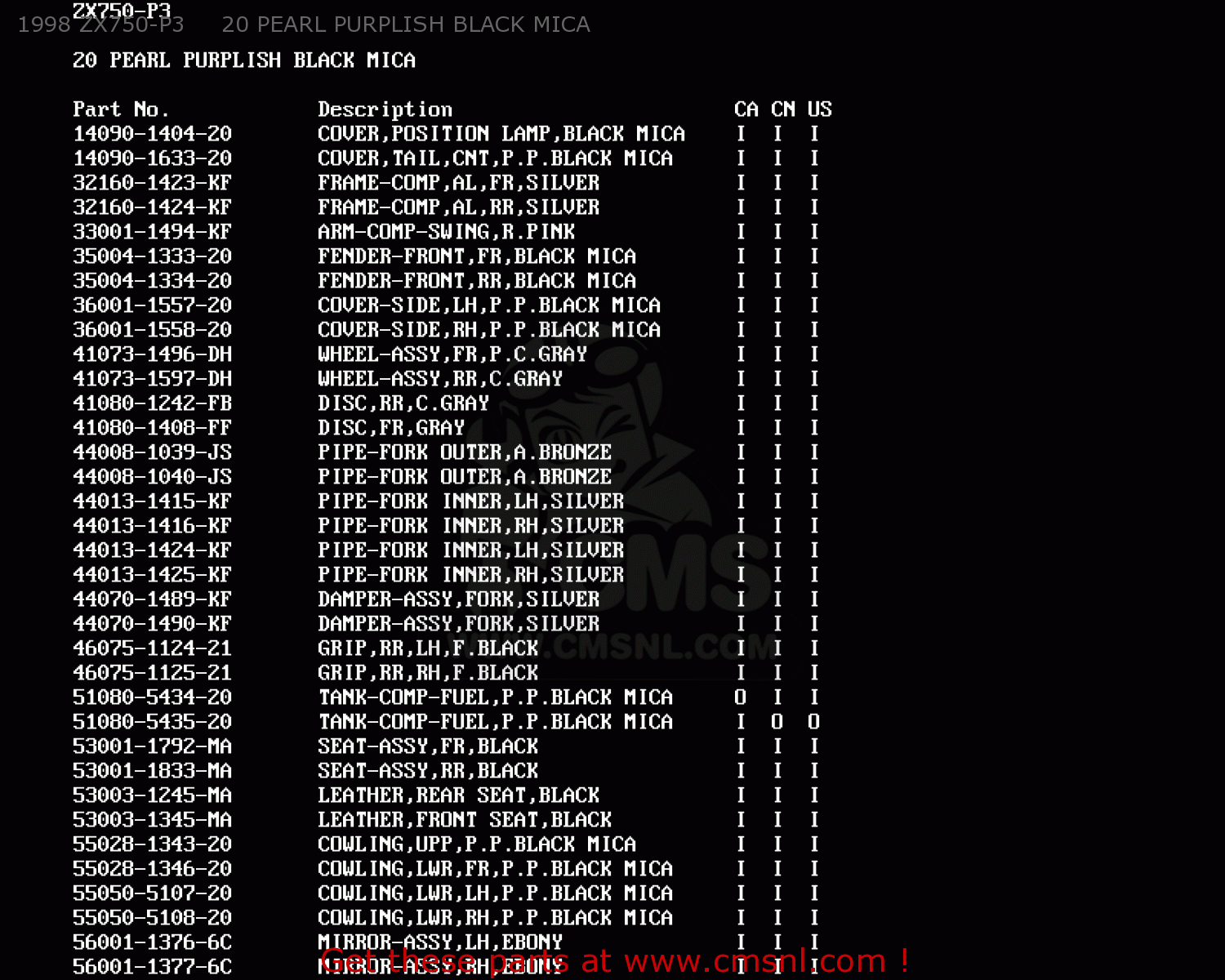 1998 ZX750-P3     20 PEARL PURPLISH BLACK MICA ZX750P3 NINJA ZX7R 1998 USA CALIFORNIA CANADA