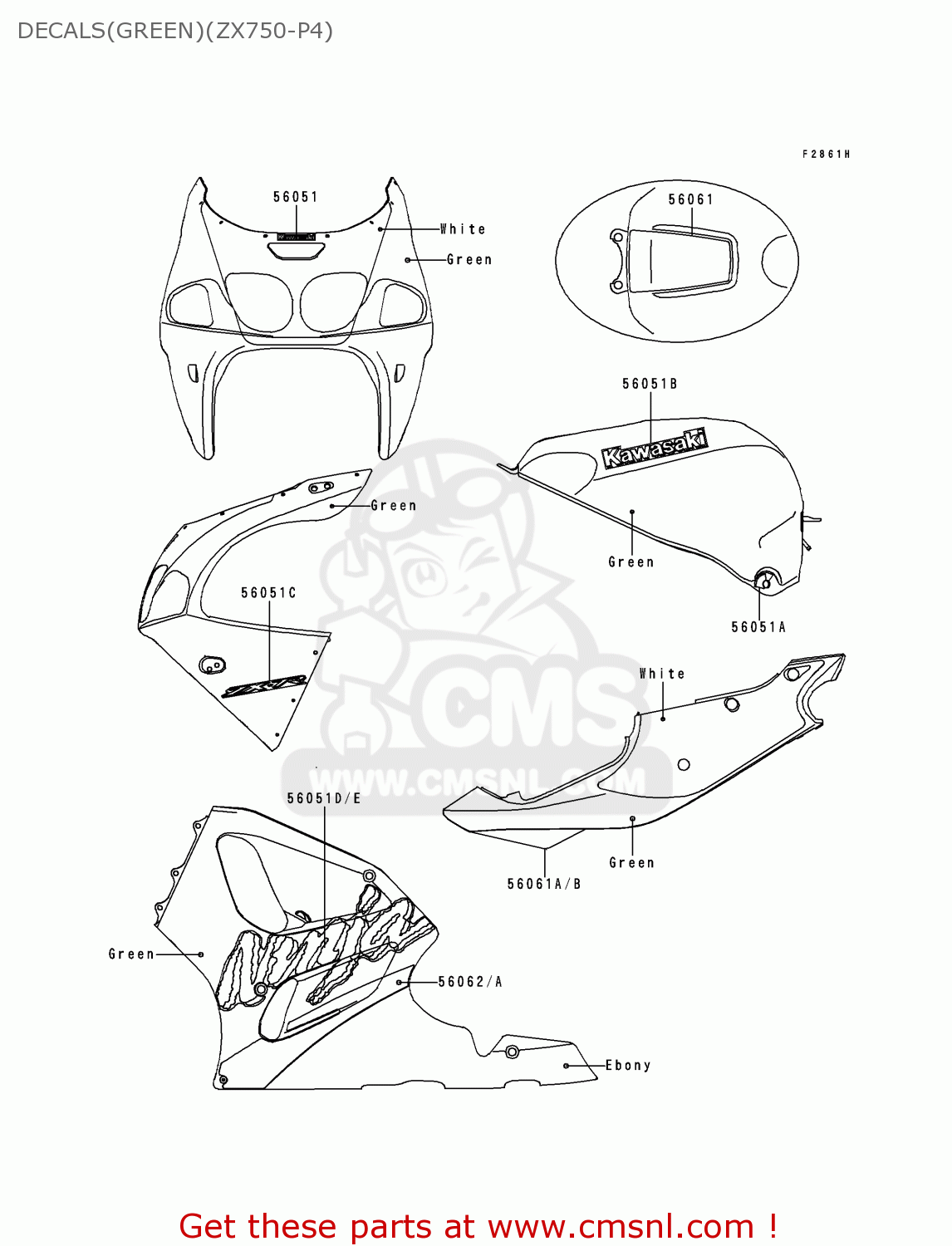 DECALS(GREEN)(ZX750-P4) ZX750P4 NINJA ZX7R 1999 EUROPE UK FR NL AR FG GR IT NR SD SP ST