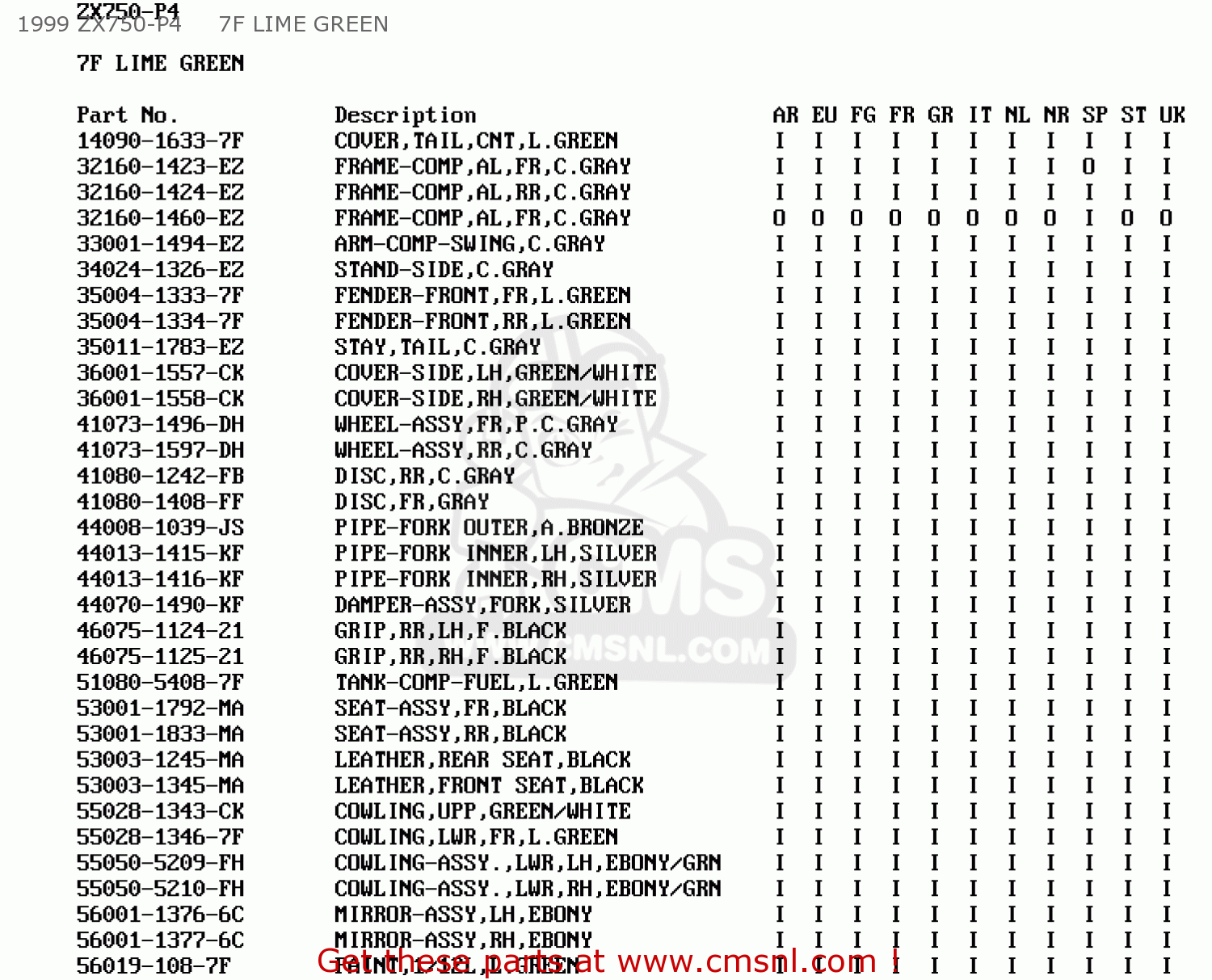 1999 ZX750-P4     7F LIME GREEN ZX750P4 NINJA ZX7R 1999 EUROPE UK FR NL AR FG GR IT NR SD SP ST