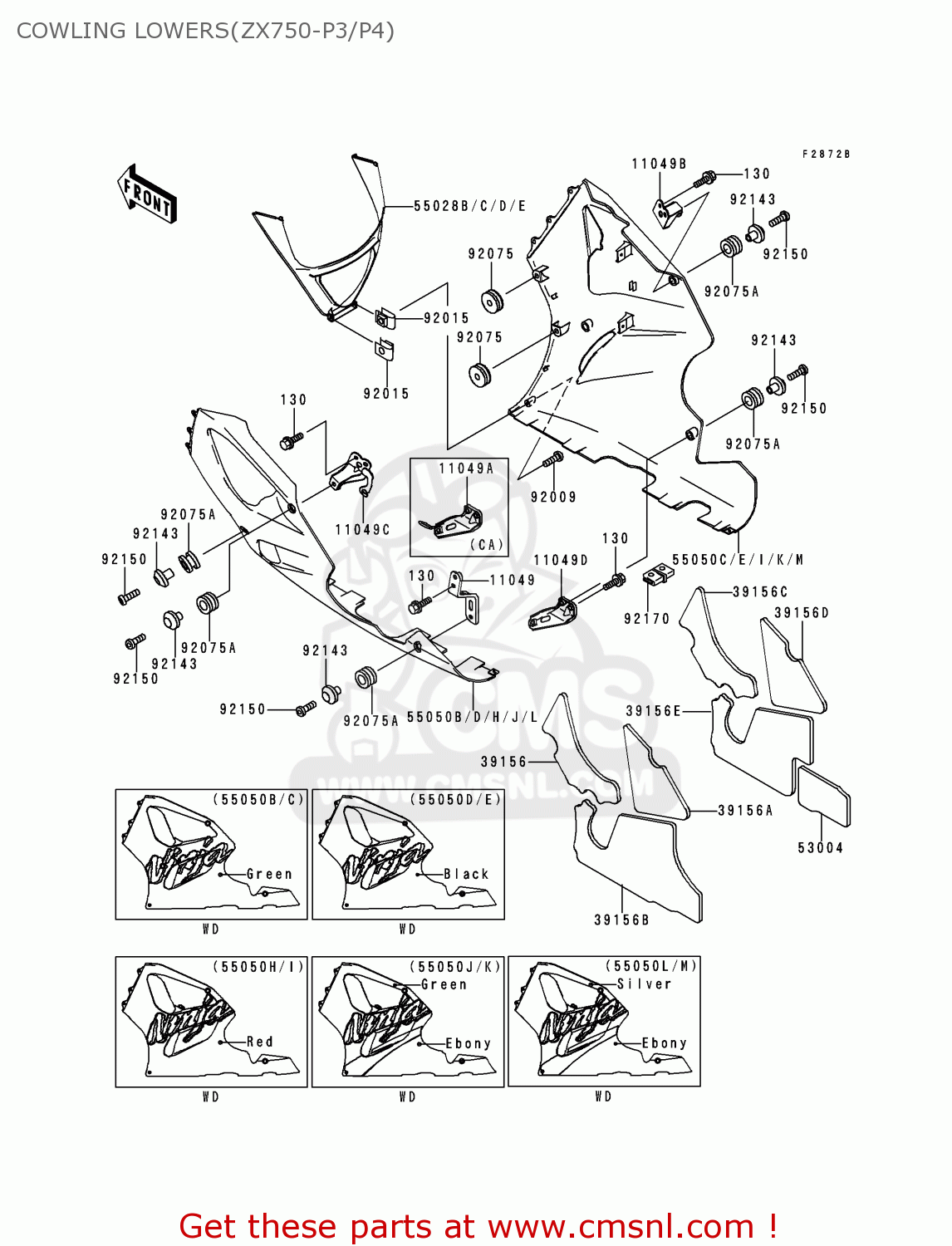 COWLING LOWERS(ZX750-P3/P4) ZX750P4 NINJA ZX7R 1999 USA CALIFORNIA CANADA