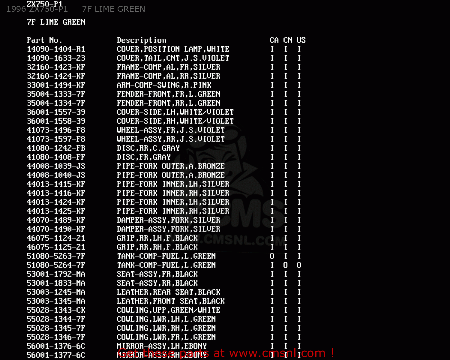1996 ZX750-P1     7F LIME GREEN ZX750P4 NINJA ZX7R 1999 USA CALIFORNIA CANADA