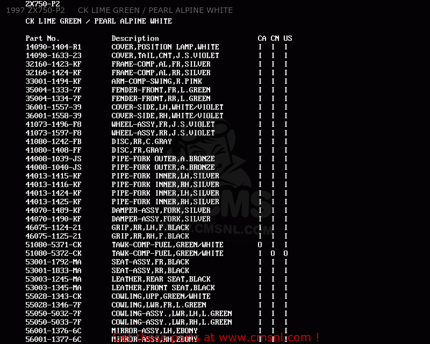 1997 ZX750-P2     CK LIME GREEN / PEARL ALPINE WHITE ZX750P4 NINJA ZX7R 1999 USA CALIFORNIA CANADA