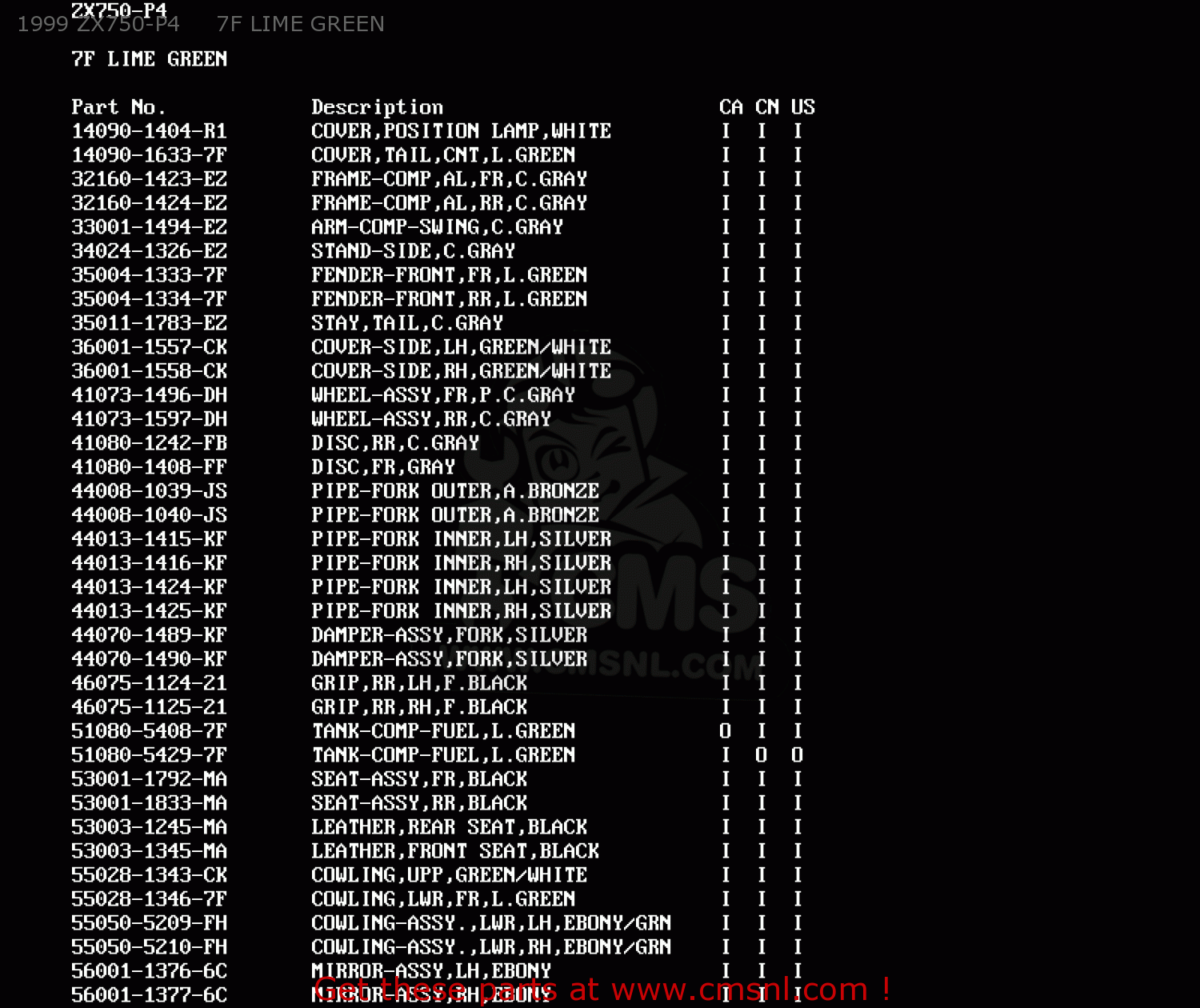 1999 ZX750-P4     7F LIME GREEN ZX750P4 NINJA ZX7R 1999 USA CALIFORNIA CANADA