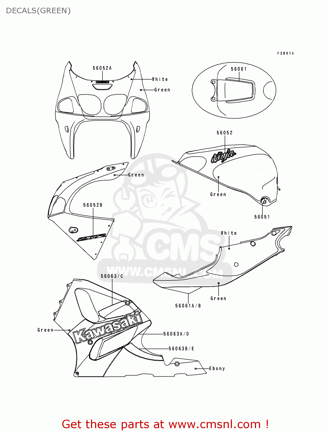 DECALS(GREEN) ZX750P5 NINJA ZX7R 2000 EUROPE UK FR NL AR FG GR IT NR SP ST