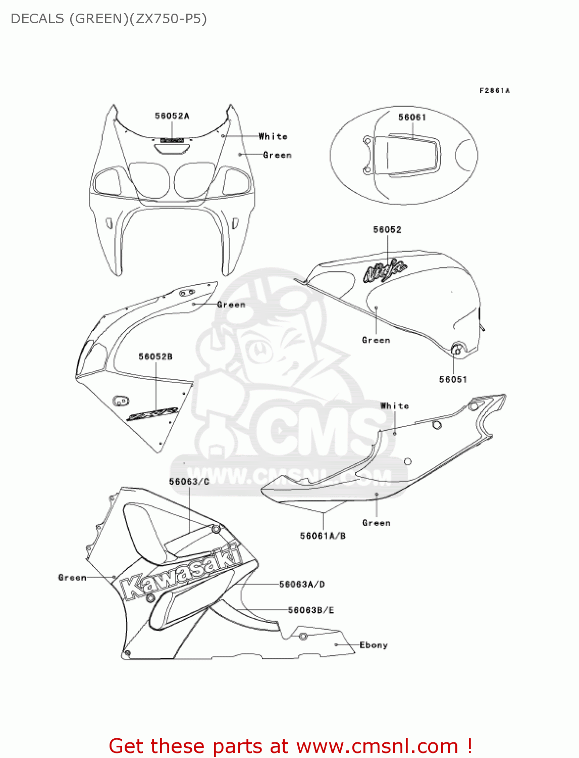DECALS (GREEN)(ZX750-P5) ZX750P6 NINJA ZX7R 2001 USA CALIFORNIA CANADA