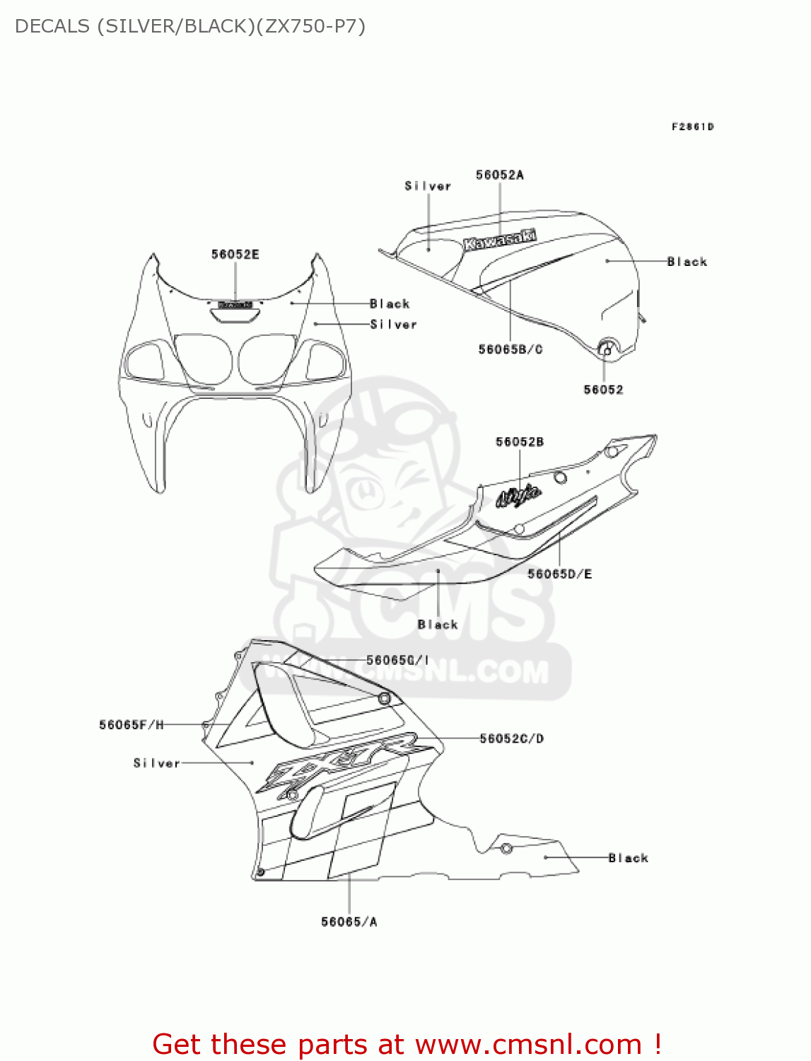 DECALS (SILVER/BLACK)(ZX750-P7) ZX750P8 NINJA ZX7R 2003 USA CALIFORNIA CANADA