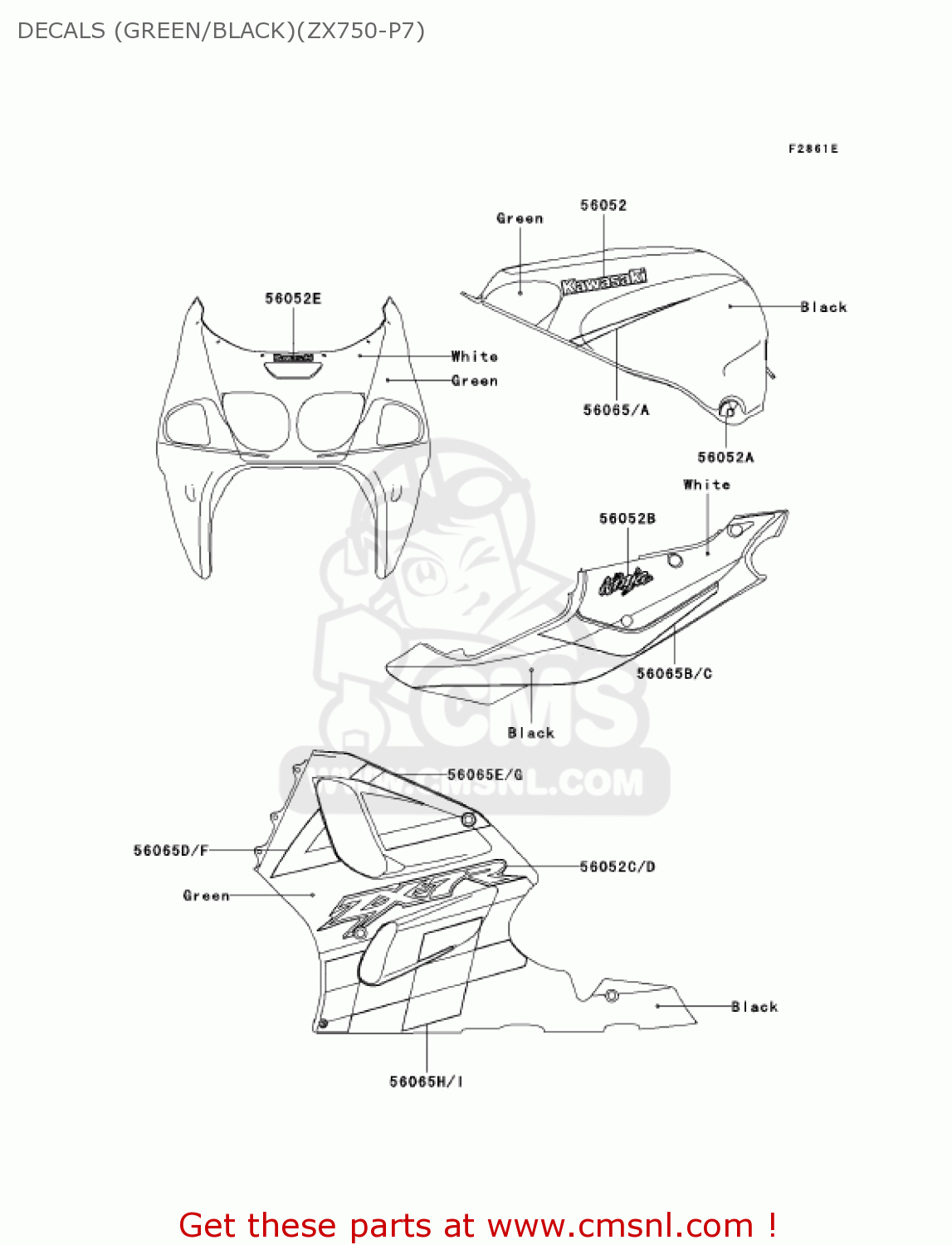 DECALS (GREEN/BLACK)(ZX750-P7) ZX750P8 NINJA ZX7R 2003 USA CALIFORNIA CANADA