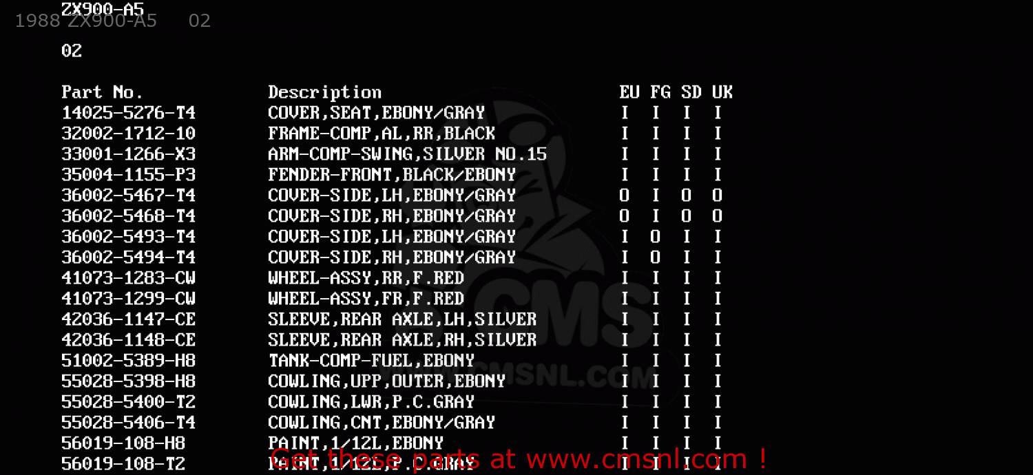 1988 ZX900-A5     02 ZX900A4 GPZ900R 1987 EUROPE UK FG GR NR SD SP ST