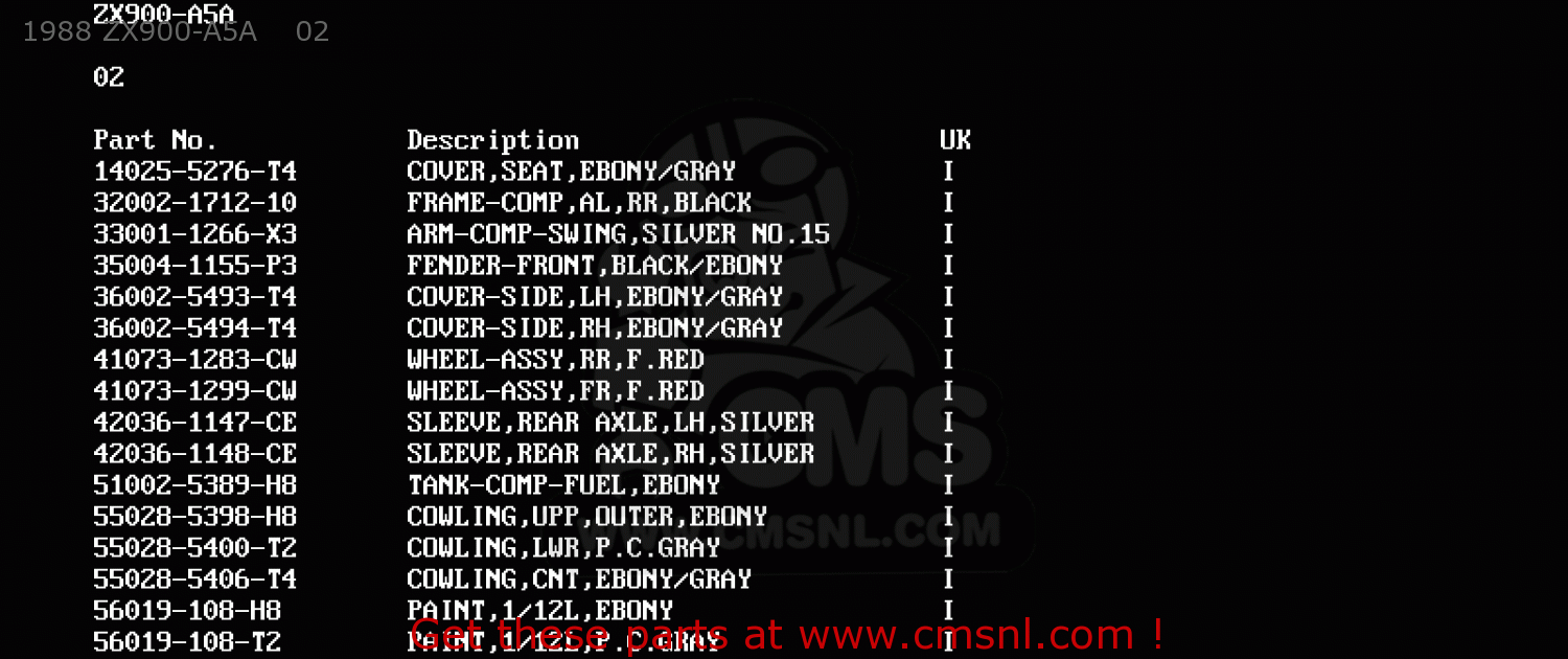 1988 ZX900-A5A    02 ZX900A4 GPZ900R 1987 EUROPE UK FG GR NR SD SP ST