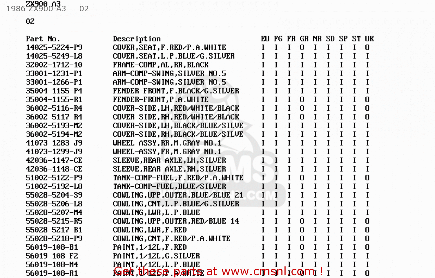 1986 ZX900-A3     02 ZX900A5 GPZ900R 1988 EUROPE UK AR FG NR SD ST