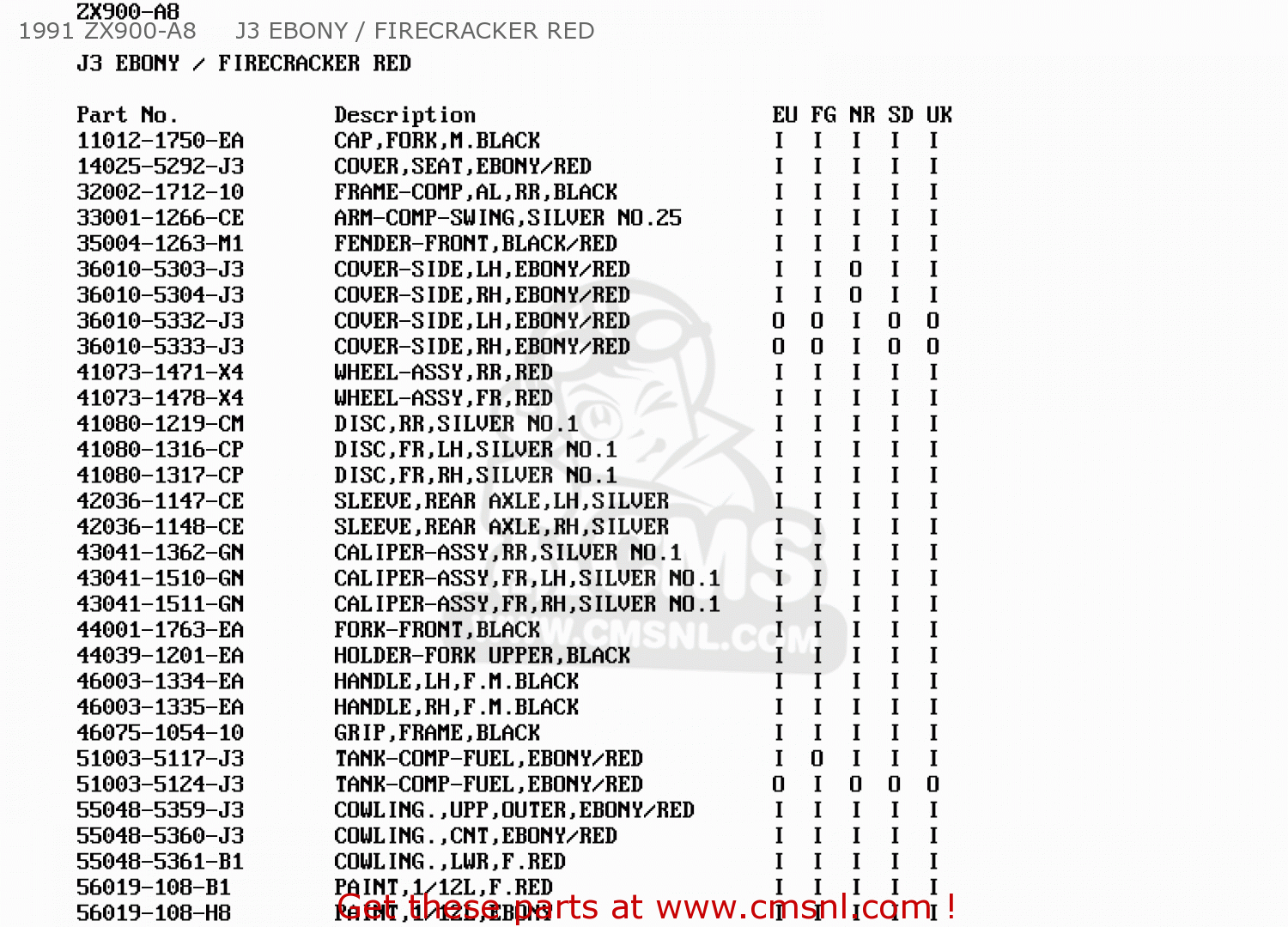 1991 ZX900-A8     J3 EBONY / FIRECRACKER RED ZX900A7 GPZ900R 1990 EUROPE UK FG NR SD SP