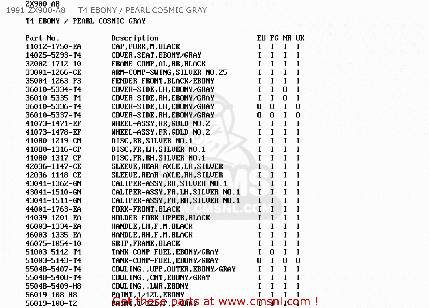 1991 ZX900-A8     T4 EBONY / PEARL COSMIC GRAY ZX900A7 GPZ900R 1990 EUROPE UK FG NR SD SP