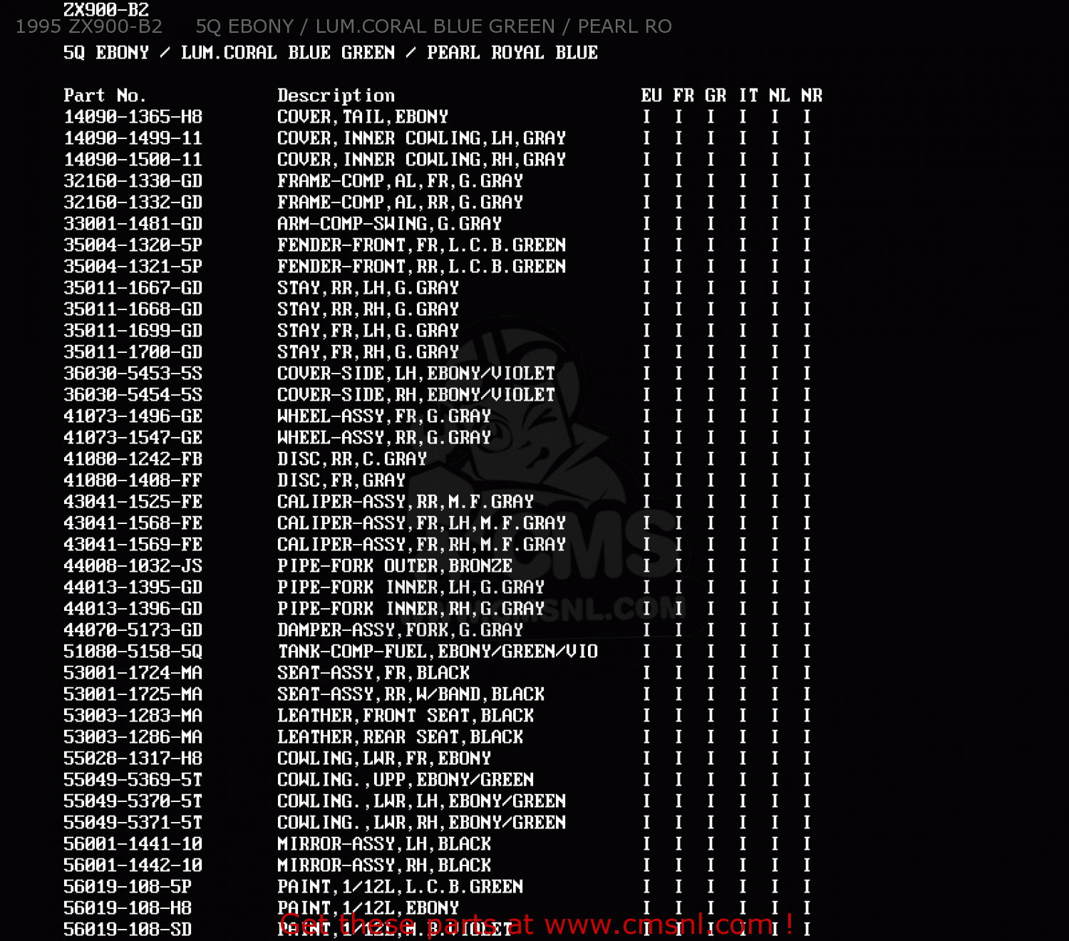 1995 ZX900-B2     5Q EBONY / LUM.CORAL BLUE GREEN / PEARL RO ZX900B1 NINJA ZX9R 1994 EU UK FR NL AR FG GR IT NR SD SP ST