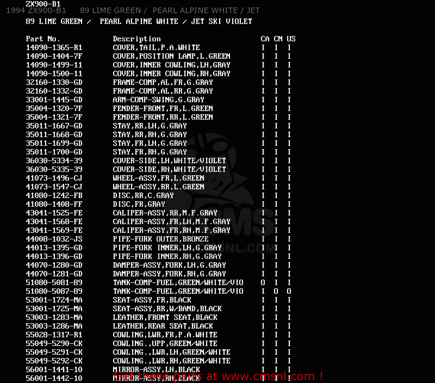 1994 ZX900-B1     89 LIME GREEN /  PEARL ALPINE WHITE / JET ZX900B1 NINJA ZX9R 1994 USA CALIFORNIA CANADA