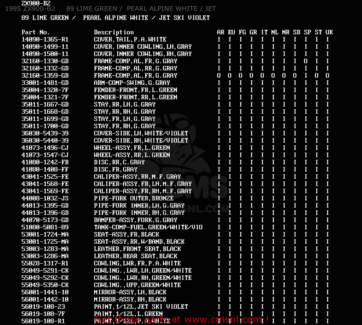 1995 ZX900-B2     89 LIME GREEN /  PEARL ALPINE WHITE / JET ZX900B2 NINJA ZX9R 1995 EU UK FR NL AR FG GR IT NR SD SP ST
