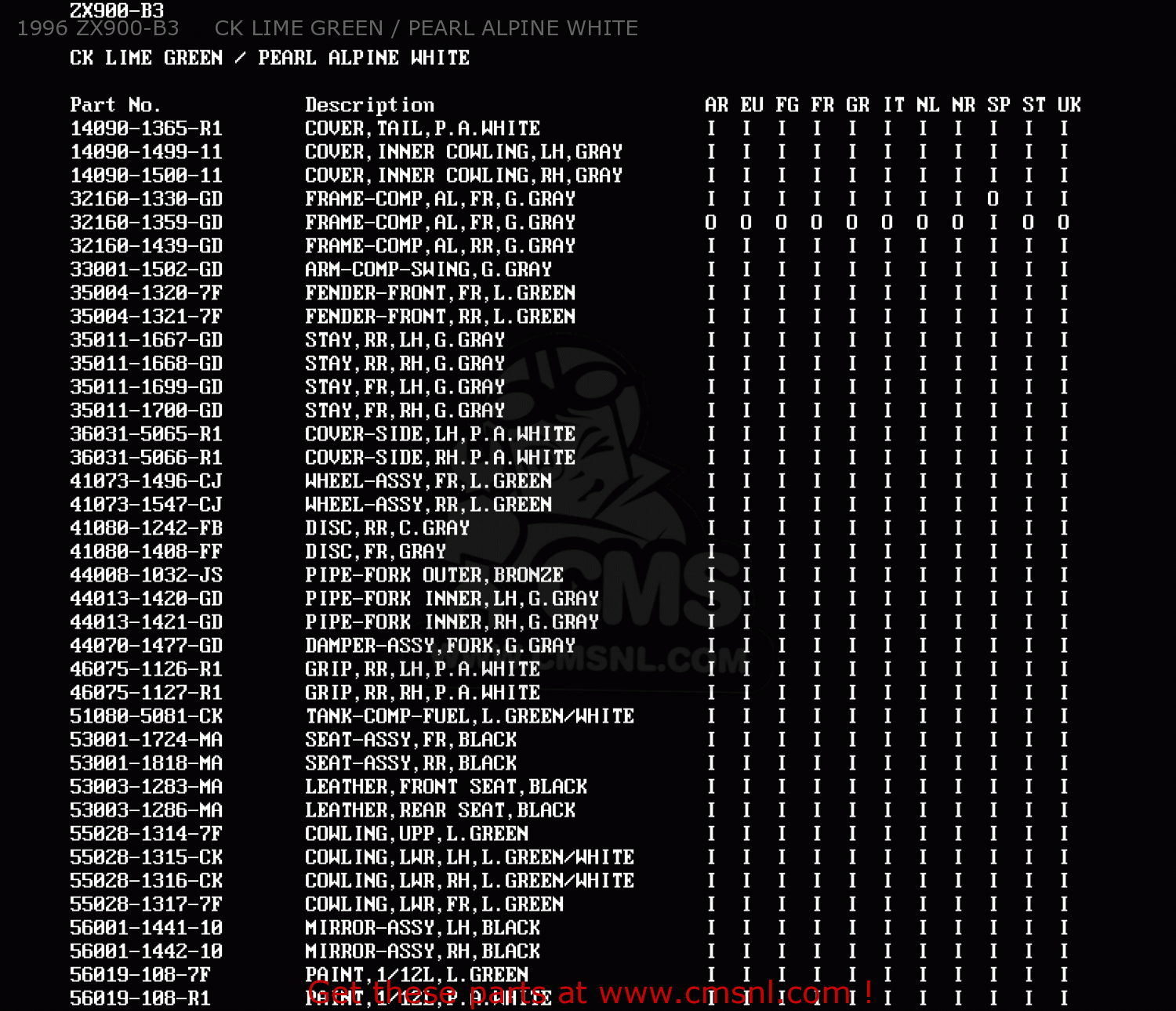 1996 ZX900-B3     CK LIME GREEN / PEARL ALPINE WHITE ZX900B2 NINJA ZX9R 1995 EU UK FR NL AR FG GR IT NR SD SP ST