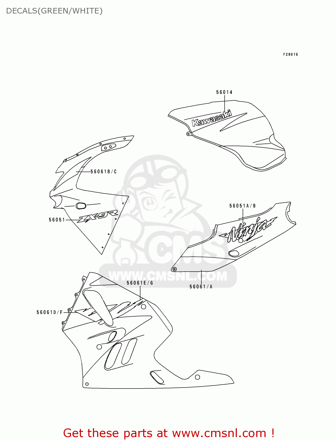 DECALS(GREEN/WHITE) ZX900B3 NINJA ZX9R 1996 EU UK FR NL AR FG GR IT NR SD SP ST