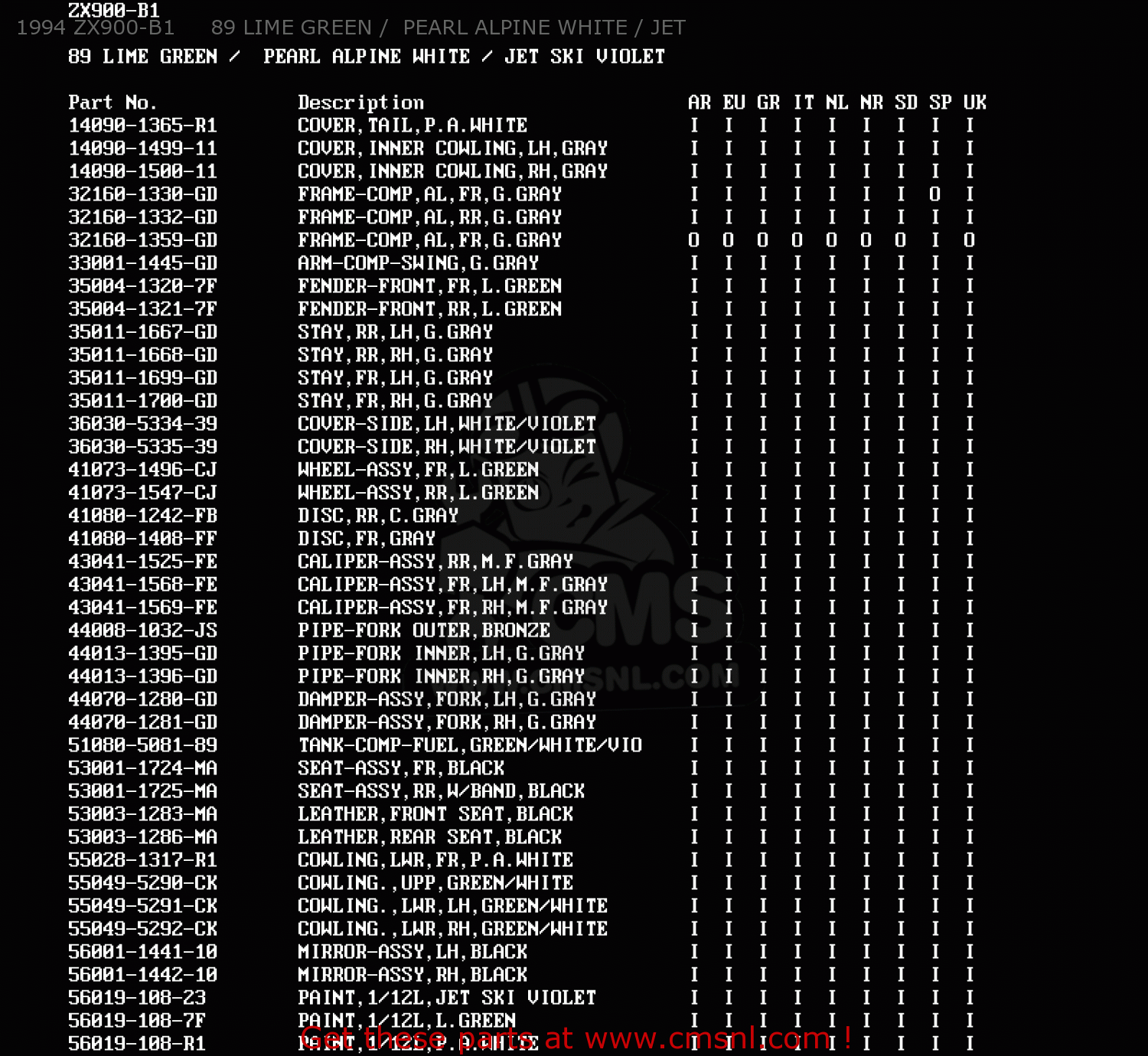 1994 ZX900-B1     89 LIME GREEN /  PEARL ALPINE WHITE / JET ZX900B3 NINJA ZX9R 1996 EU UK FR NL AR FG GR IT NR SD SP ST