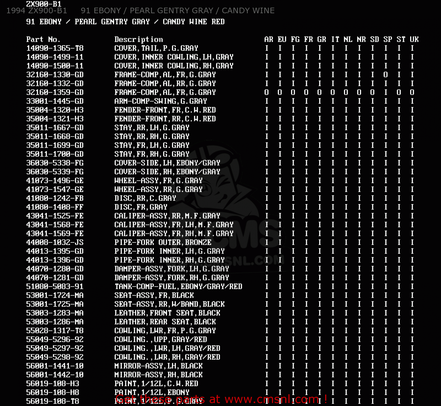 1994 ZX900-B1     91 EBONY / PEARL GENTRY GRAY / CANDY WINE ZX900B3 NINJA ZX9R 1996 EU UK FR NL AR FG GR IT NR SD SP ST