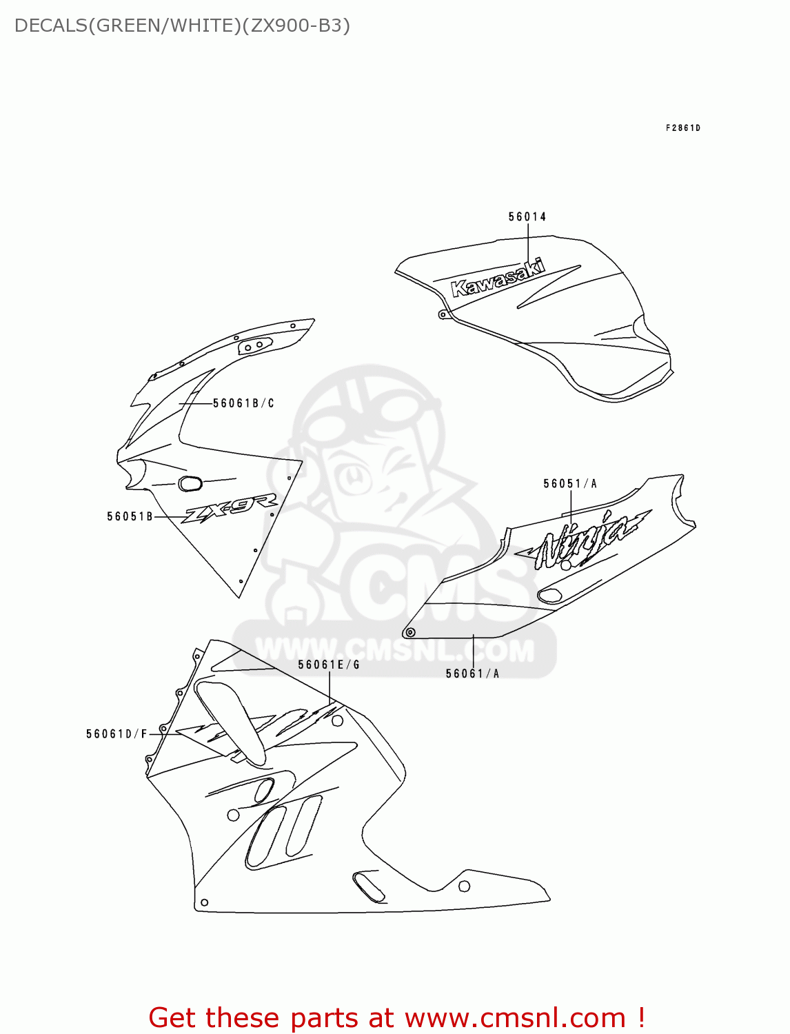 DECALS(GREEN/WHITE)(ZX900-B3) ZX900B3 NINJA ZX9R 1996 USA CALIFORNIA CANADA