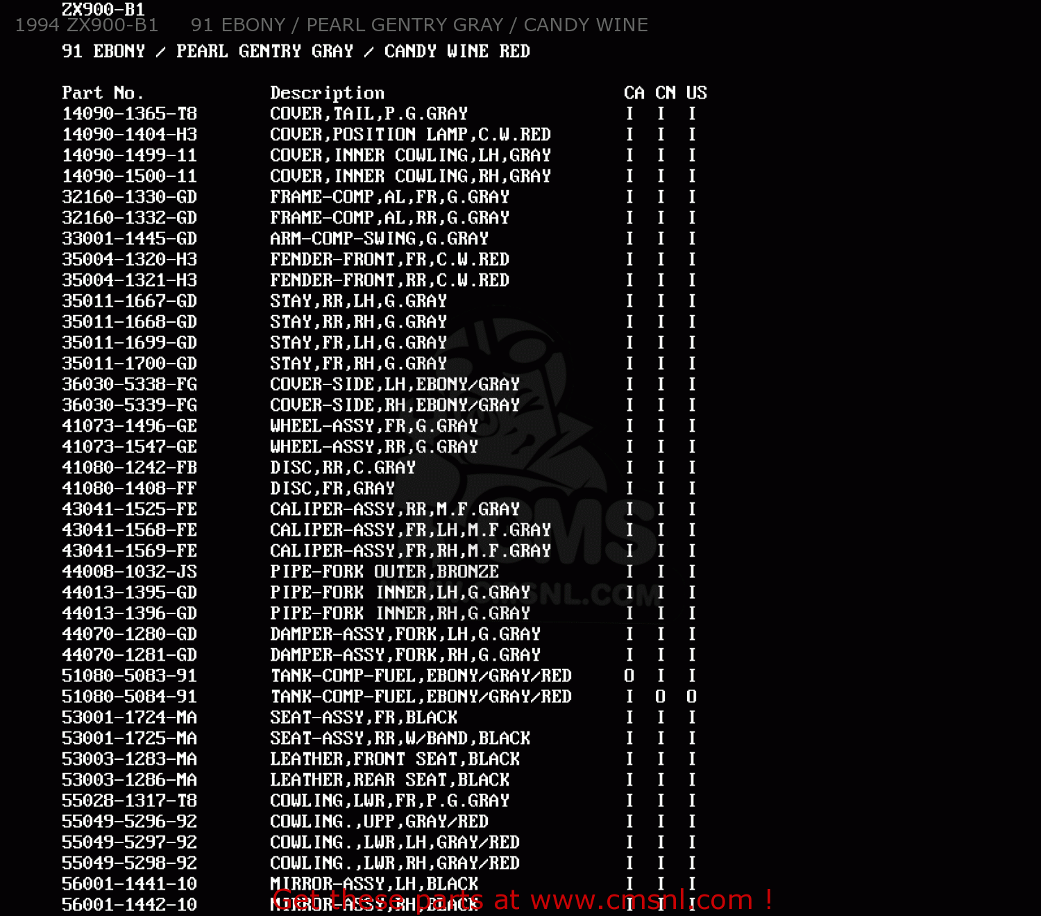 1994 ZX900-B1     91 EBONY / PEARL GENTRY GRAY / CANDY WINE ZX900B3 NINJA ZX9R 1996 USA CALIFORNIA CANADA