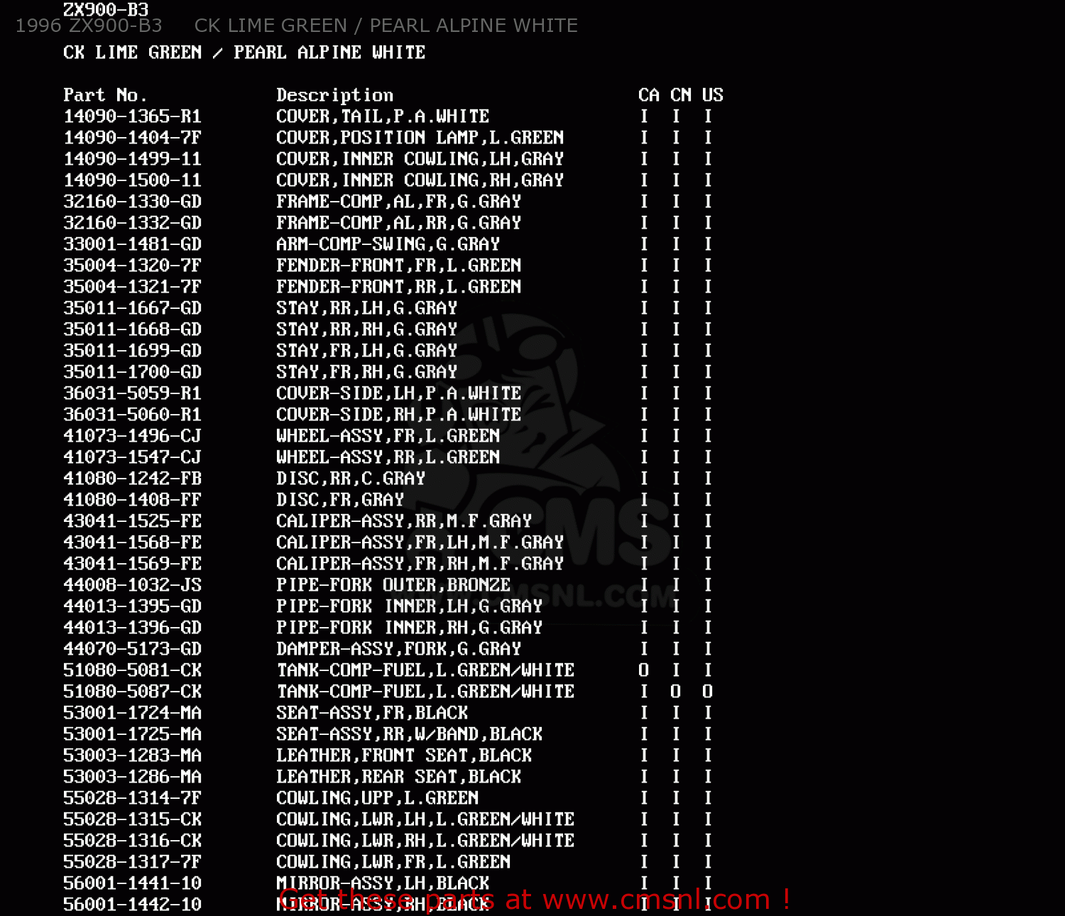 1996 ZX900-B3     CK LIME GREEN / PEARL ALPINE WHITE ZX900B3 NINJA ZX9R 1996 USA CALIFORNIA CANADA