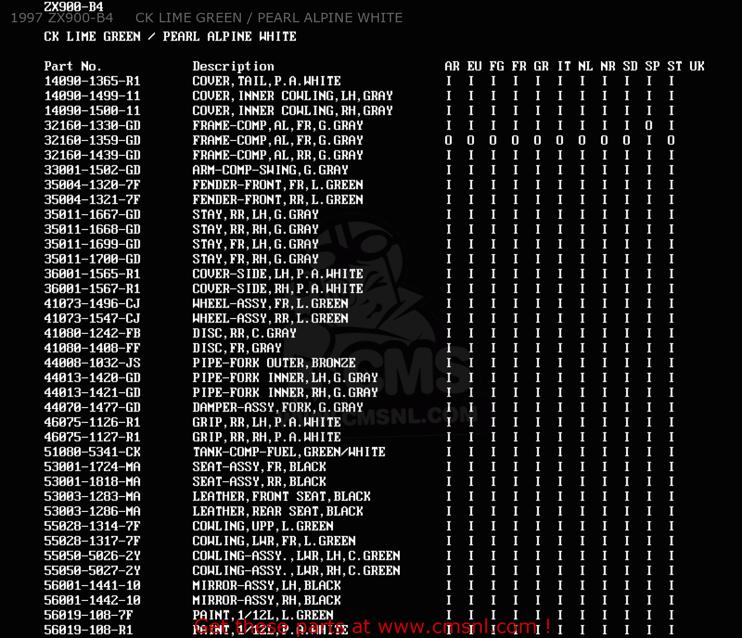 1997 ZX900-B4     CK LIME GREEN / PEARL ALPINE WHITE ZX900B4 NINJA ZX9R 1997 EUROPE UK FR NL AR FG GR IT NR SD SP ST