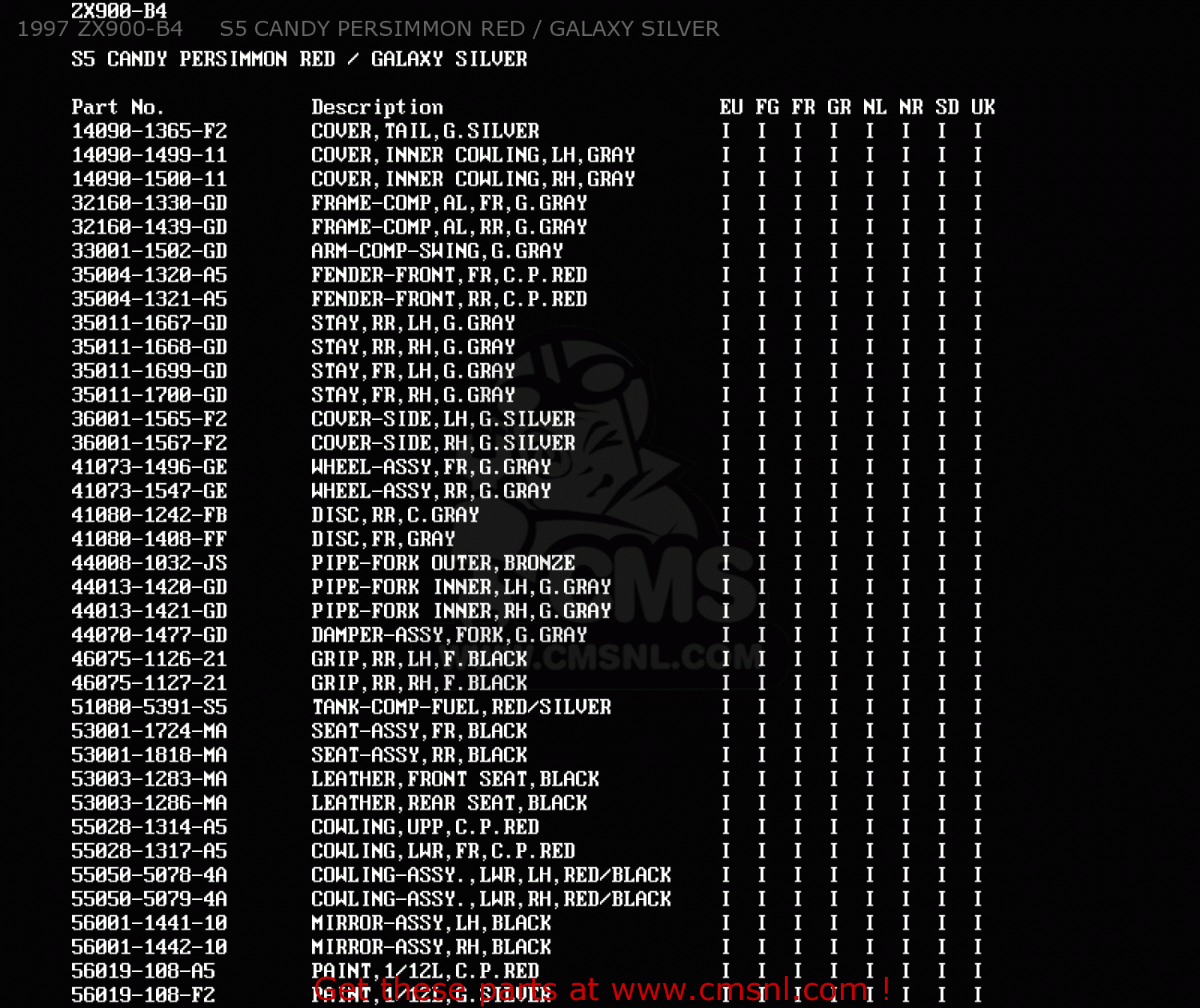 1997 ZX900-B4     S5 CANDY PERSIMMON RED / GALAXY SILVER ZX900B4 NINJA ZX9R 1997 EUROPE UK FR NL AR FG GR IT NR SD SP ST