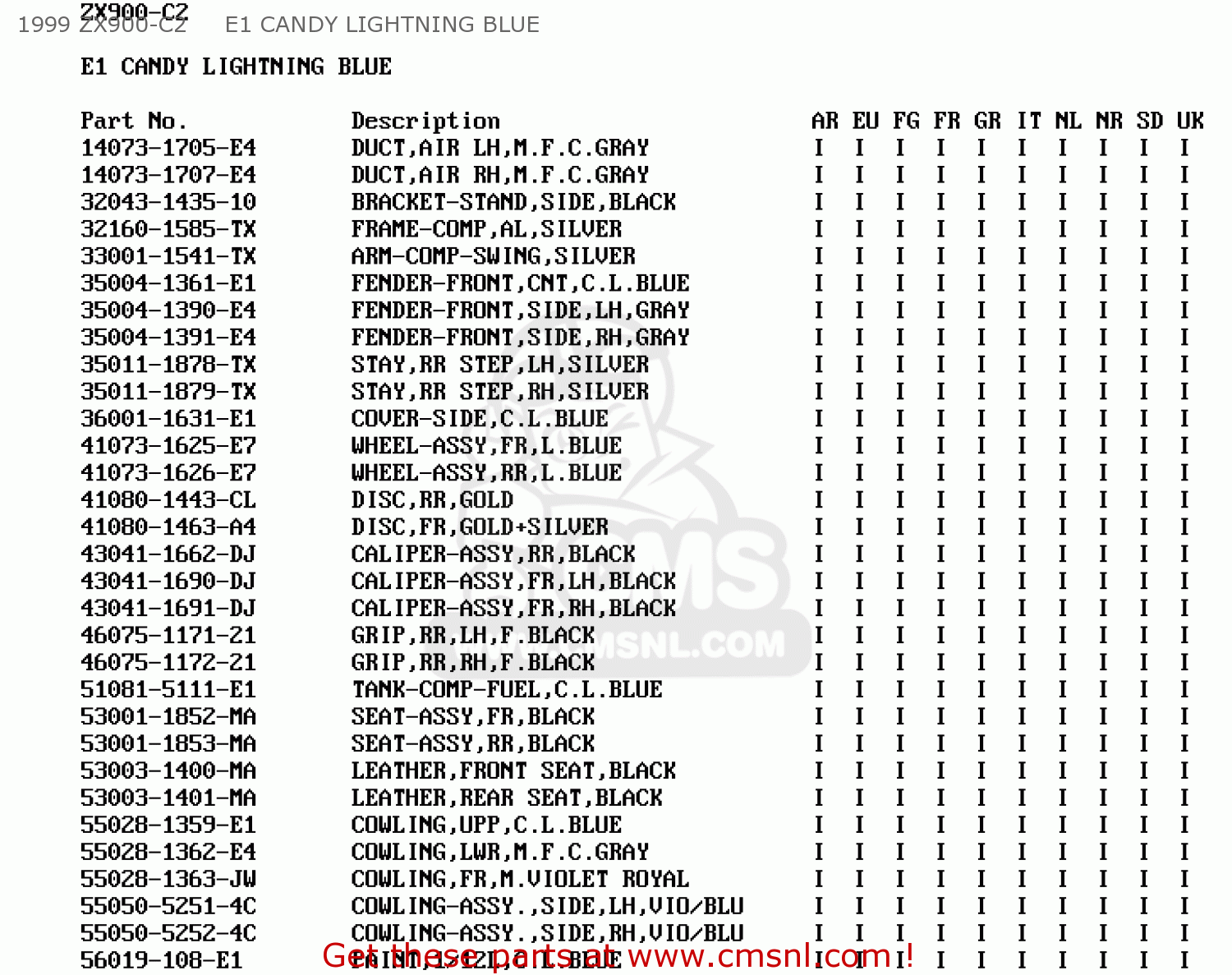 1999 ZX900-C2     E1 CANDY LIGHTNING BLUE ZX900C1 NINJA ZX9R 1998 EUROPE UK FR NL AR FG GR IT NR SD SP