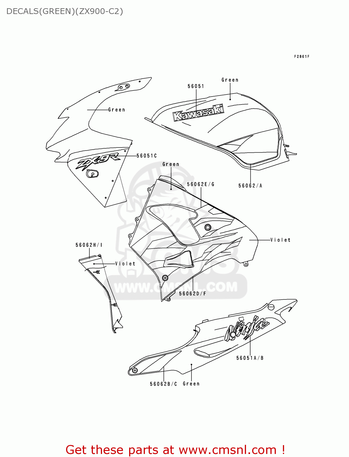 DECALS(GREEN)(ZX900-C2) ZX900C2 NINJA ZX9R 1999 USA CALIFORNIA CANADA