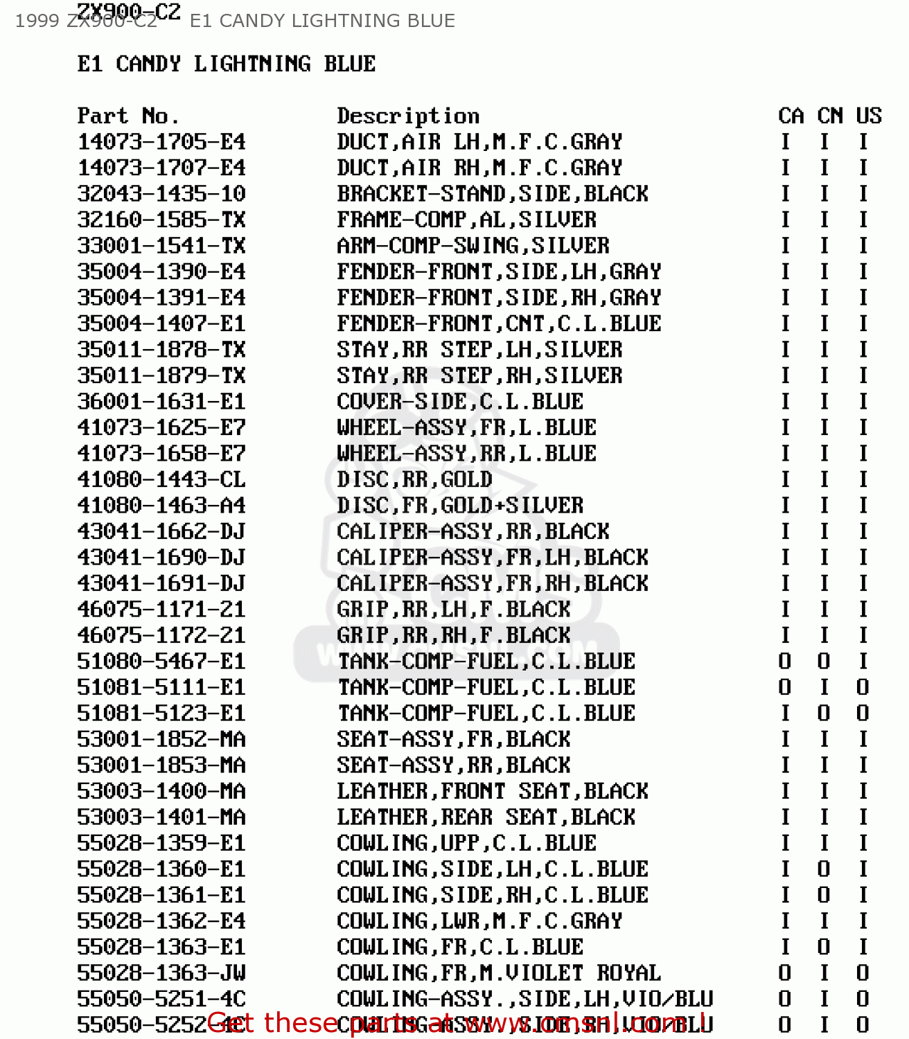 1999 ZX900-C2     E1 CANDY LIGHTNING BLUE ZX900C2 NINJA ZX9R 1999 USA CALIFORNIA CANADA