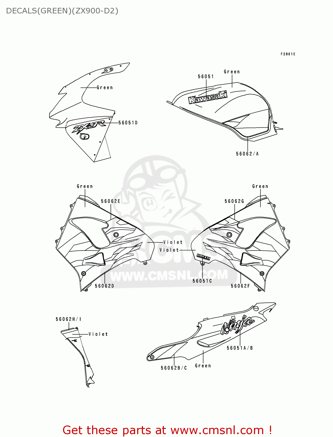 DECALS(GREEN)(ZX900-D2) ZX900D2 NINJA ZX9R 1999 FG ST