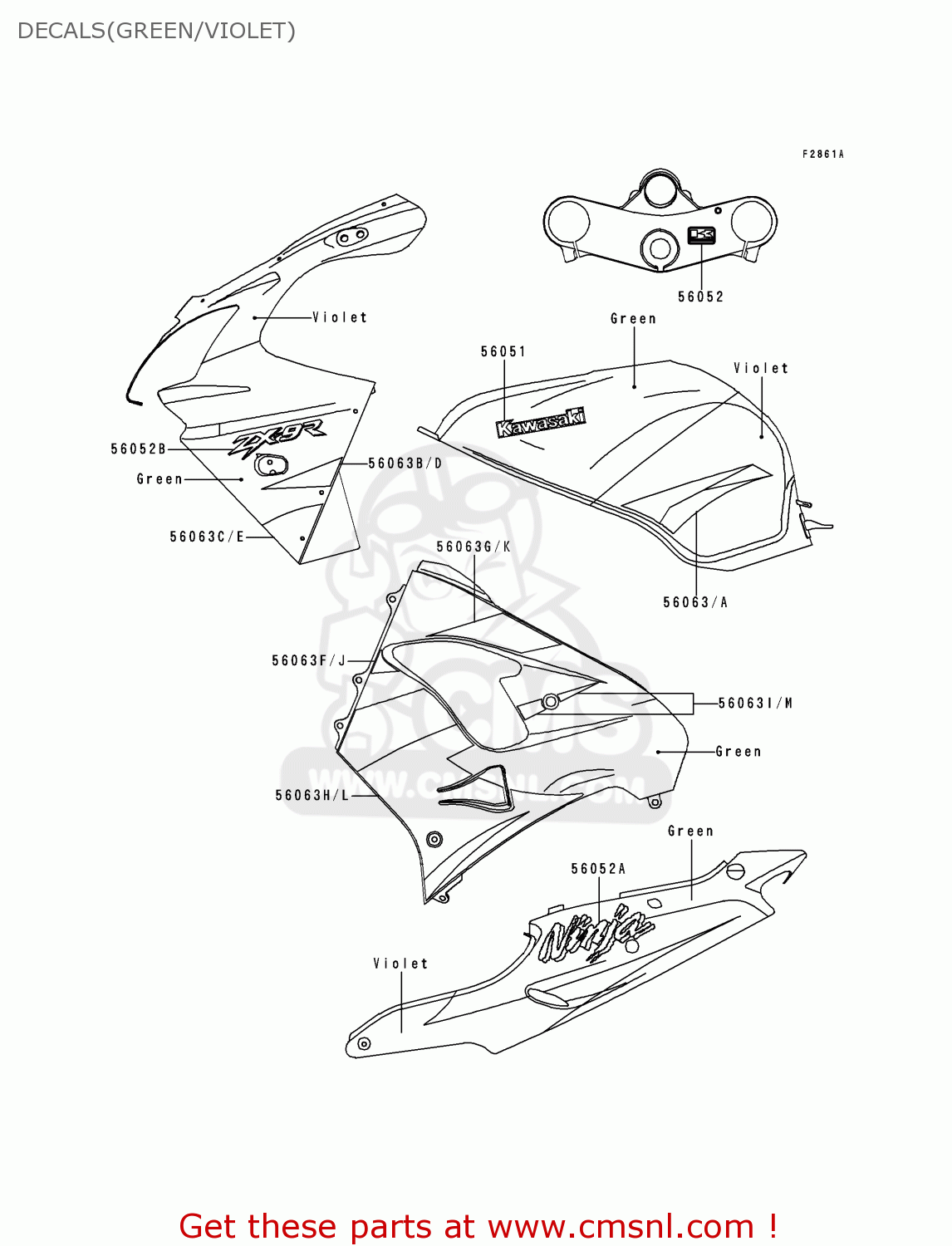 DECALS(GREEN/VIOLET) ZX900E1 NINJA ZX9R 2000 USA CALIFORNIA CANADA