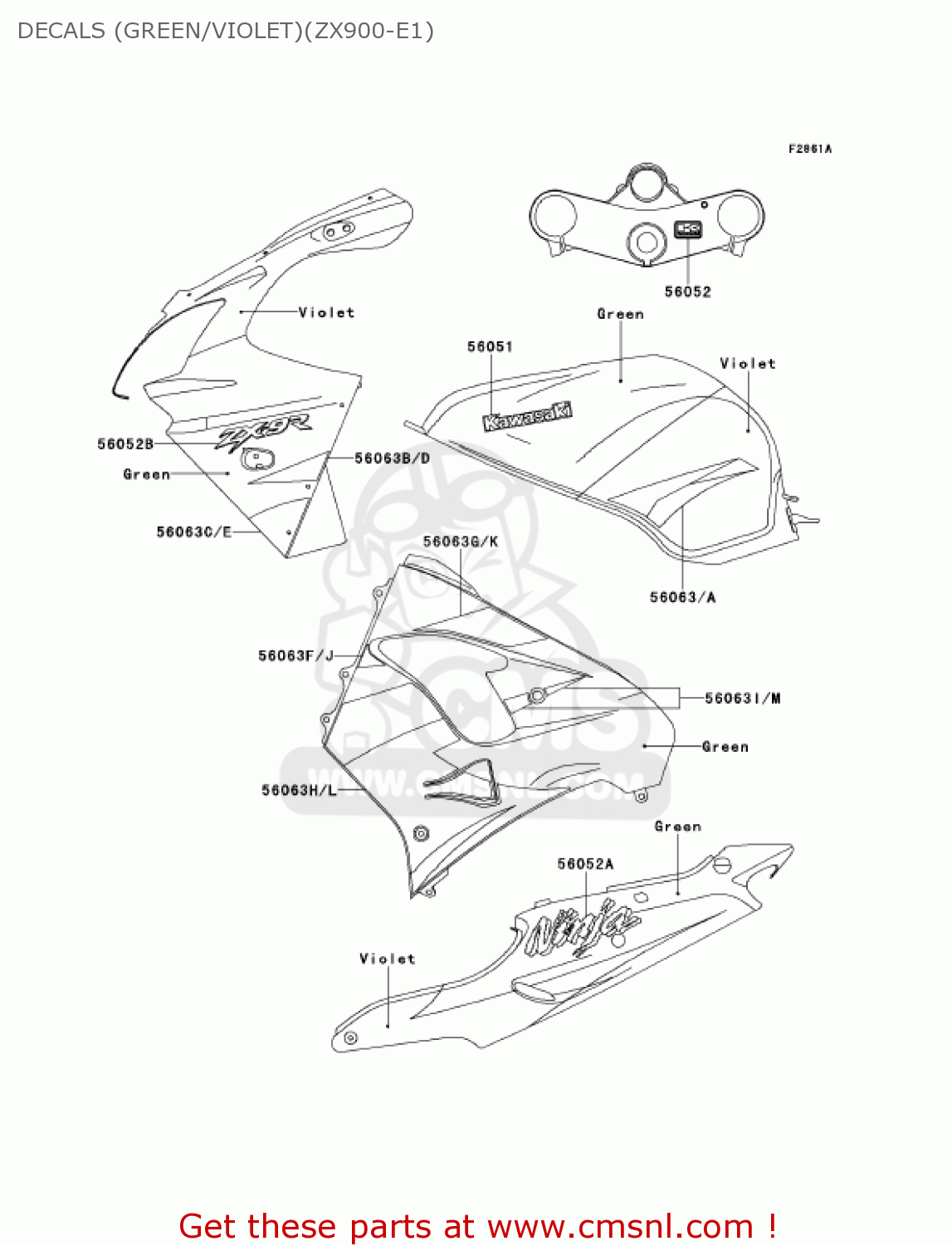 DECALS (GREEN/VIOLET)(ZX900-E1) ZX900E2 NINJA ZX9R 2001 USA CALIFORNIA CANADA