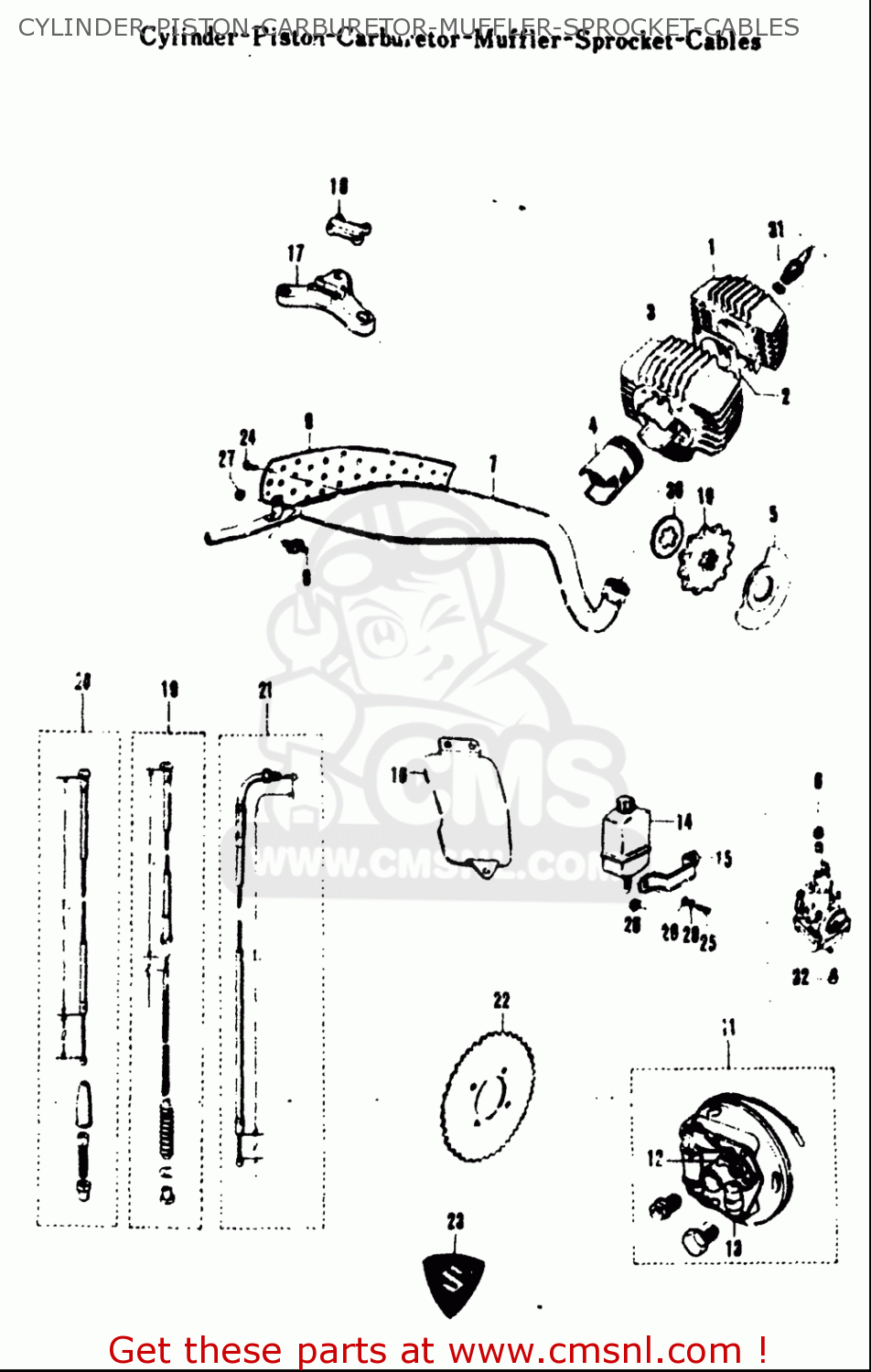 CYLINDER-PISTON-CARBURETOR-MUFFLER-SPROCKET-CABLES A100 AS100 AC100 1969 USA (E03)