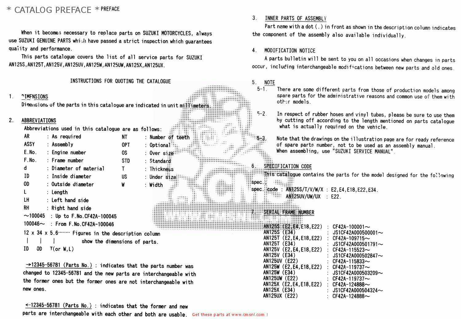 Suzuki AN125 1997 (V) (E02 E04 E18 E22 E34) * CATALOG PREFACE * buy