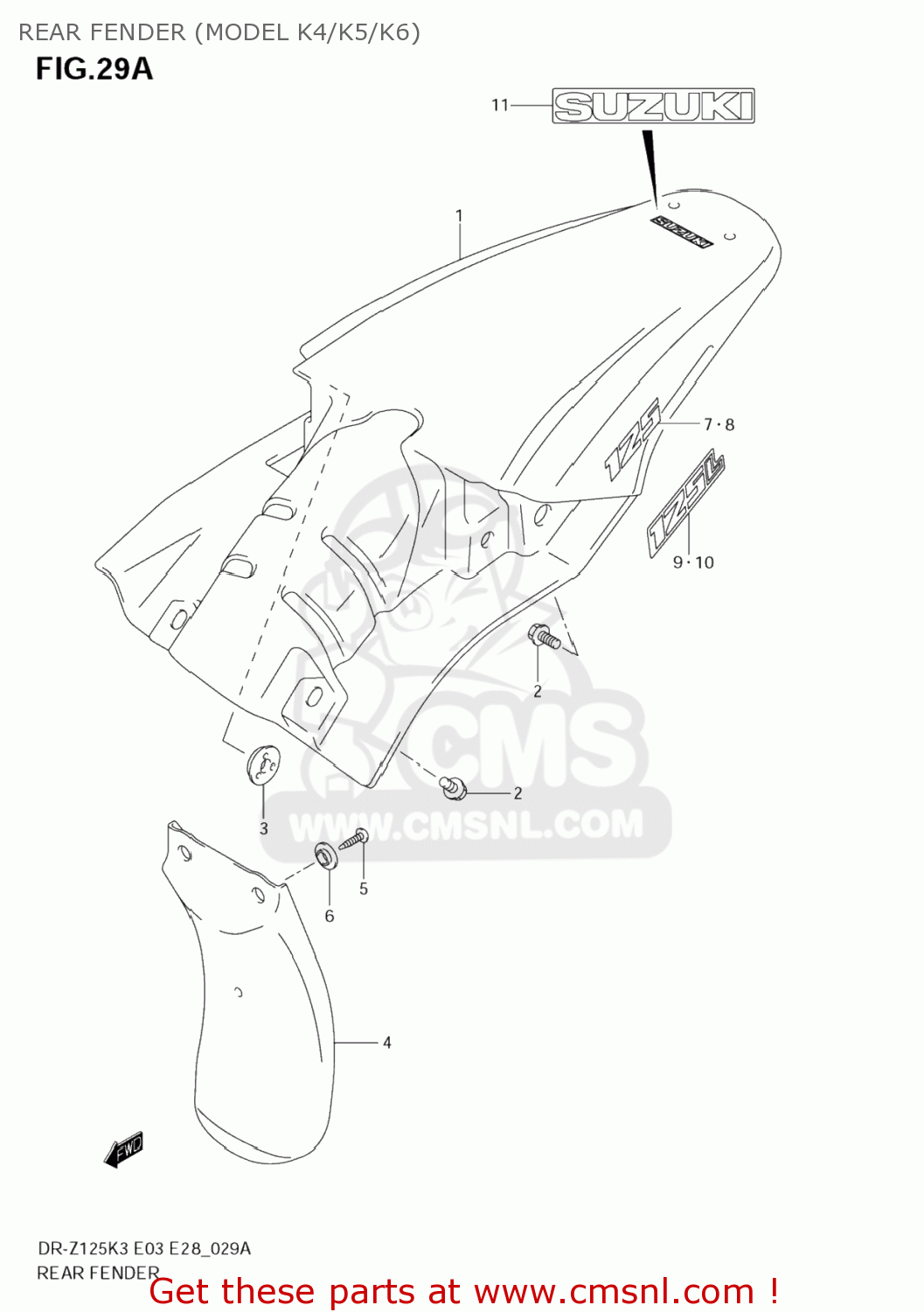 REAR FENDER (MODEL K4/K5/K6) DR-Z125 2005 (K5) USA (E03) DRZ125 DR Z125