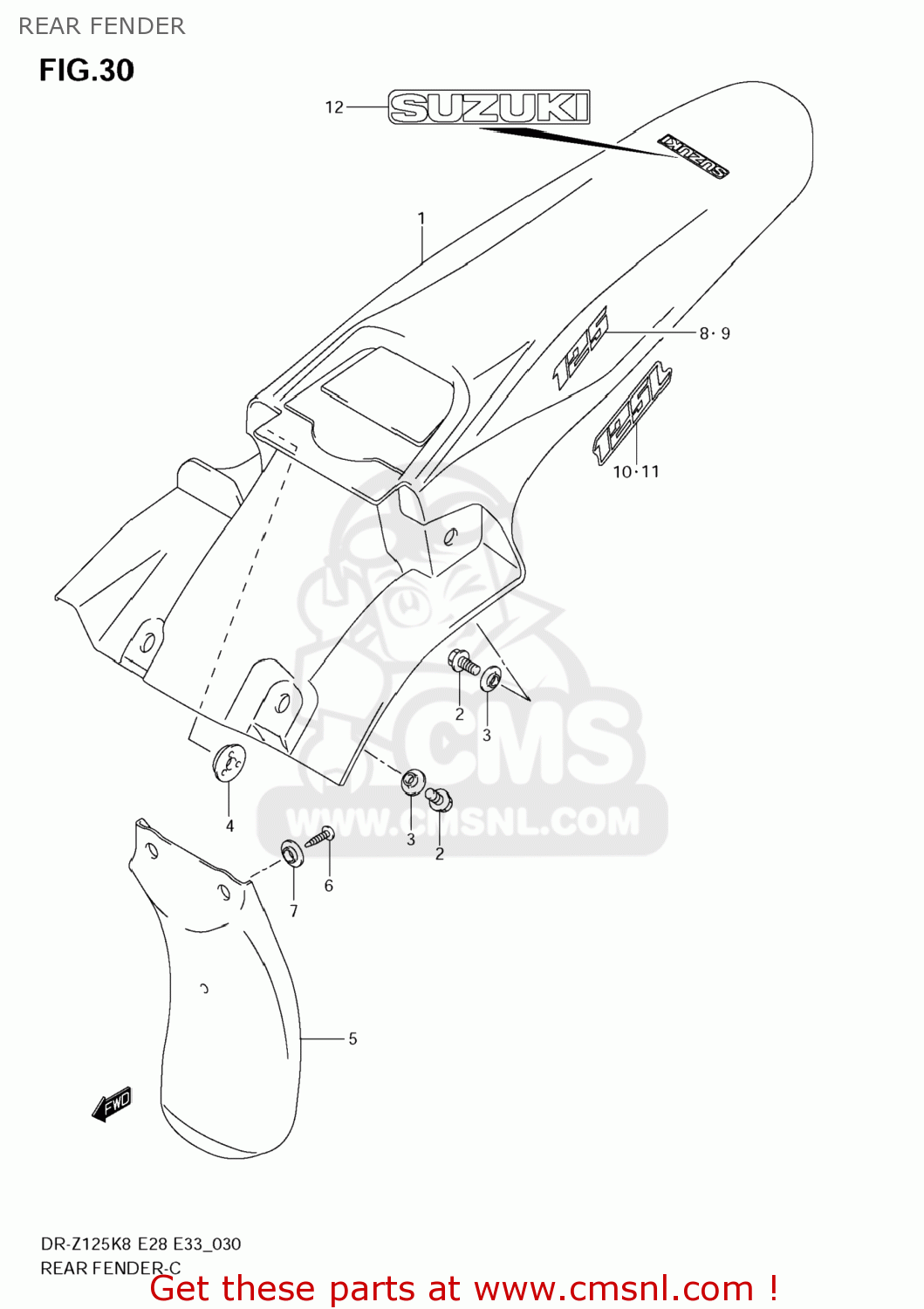 REAR FENDER DR-Z125 2008 (K8) USA (E03) DRZ125 DR Z125
