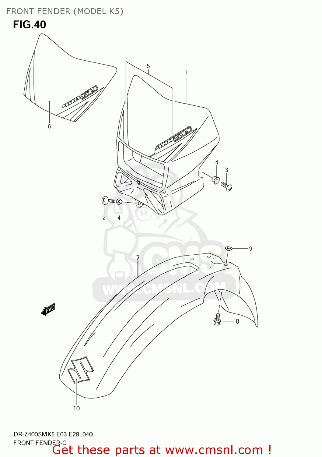 FRONT FENDER (MODEL K5) DR-Z400SM 2008 (K8) USA (E03) DRZ400SM DR Z400SM
