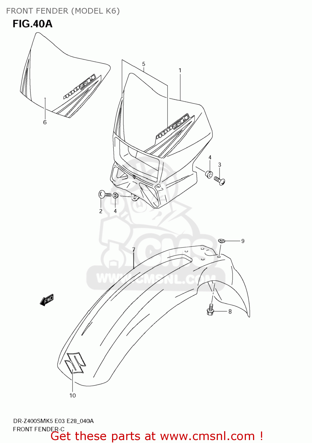 FRONT FENDER (MODEL K6) DR-Z400SM 2008 (K8) USA (E03) DRZ400SM DR Z400SM