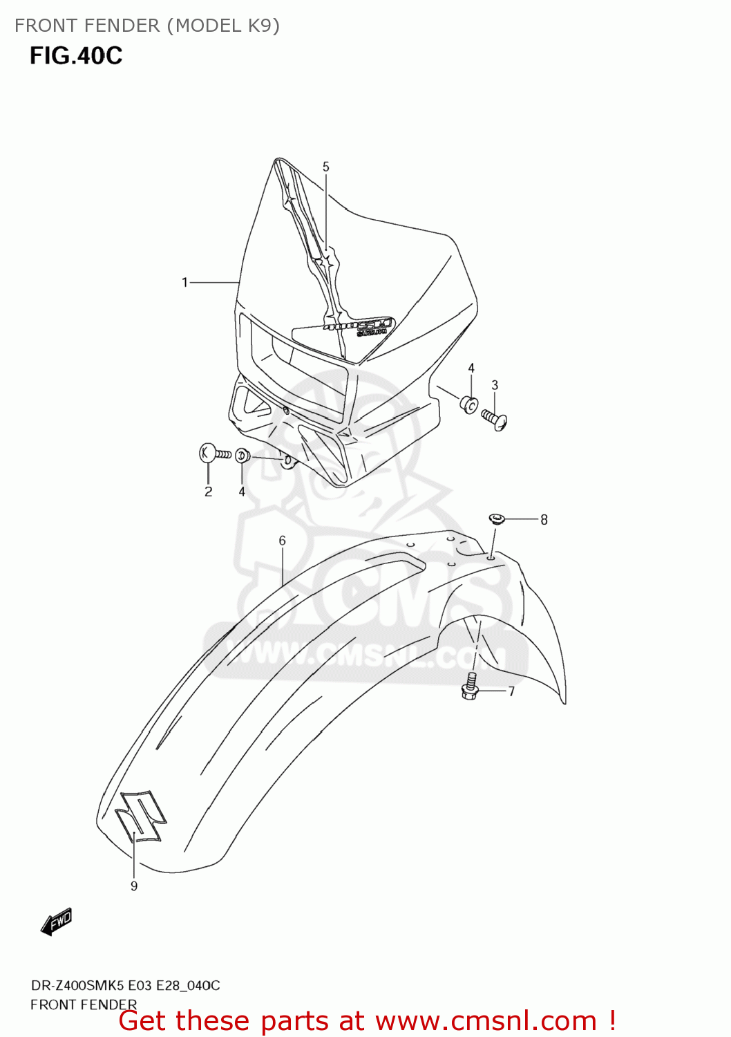 FRONT FENDER (MODEL K9) DR-Z400SM 2009 (K9) USA (E03) DRZ400SM DR Z400SM