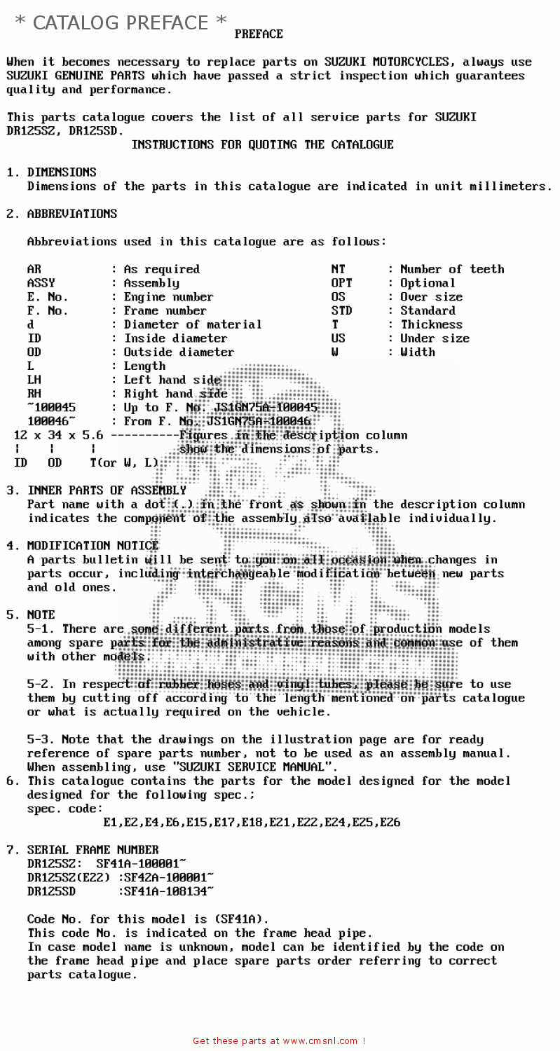 * CATALOG PREFACE * DR125S 1982 (Z)