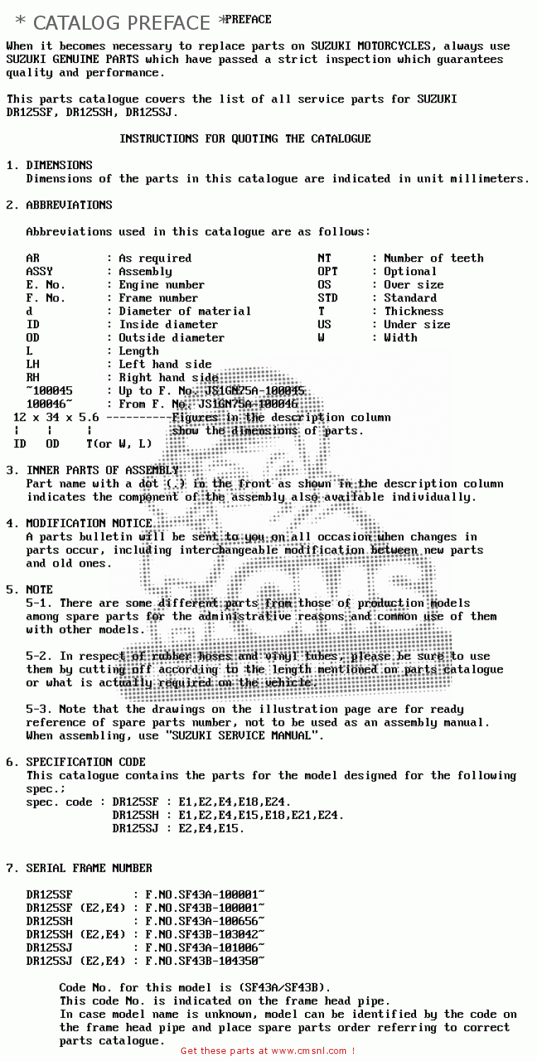 * CATALOG PREFACE * DR125S 1985 (F) (E01 E02 E04 E18 E24)