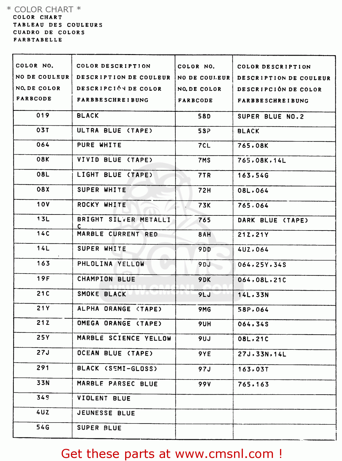 * COLOR CHART * DR125S 1987 (H) (E01 E02 E04 E15 E18 E21 E24)