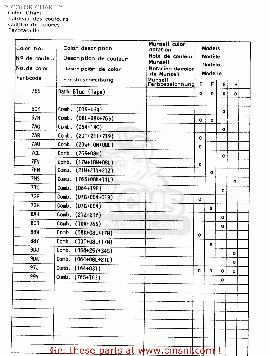 * COLOR CHART * DR250S 1987 (H) (E01 E04 E06 E15 E21 E22 E24 E39)